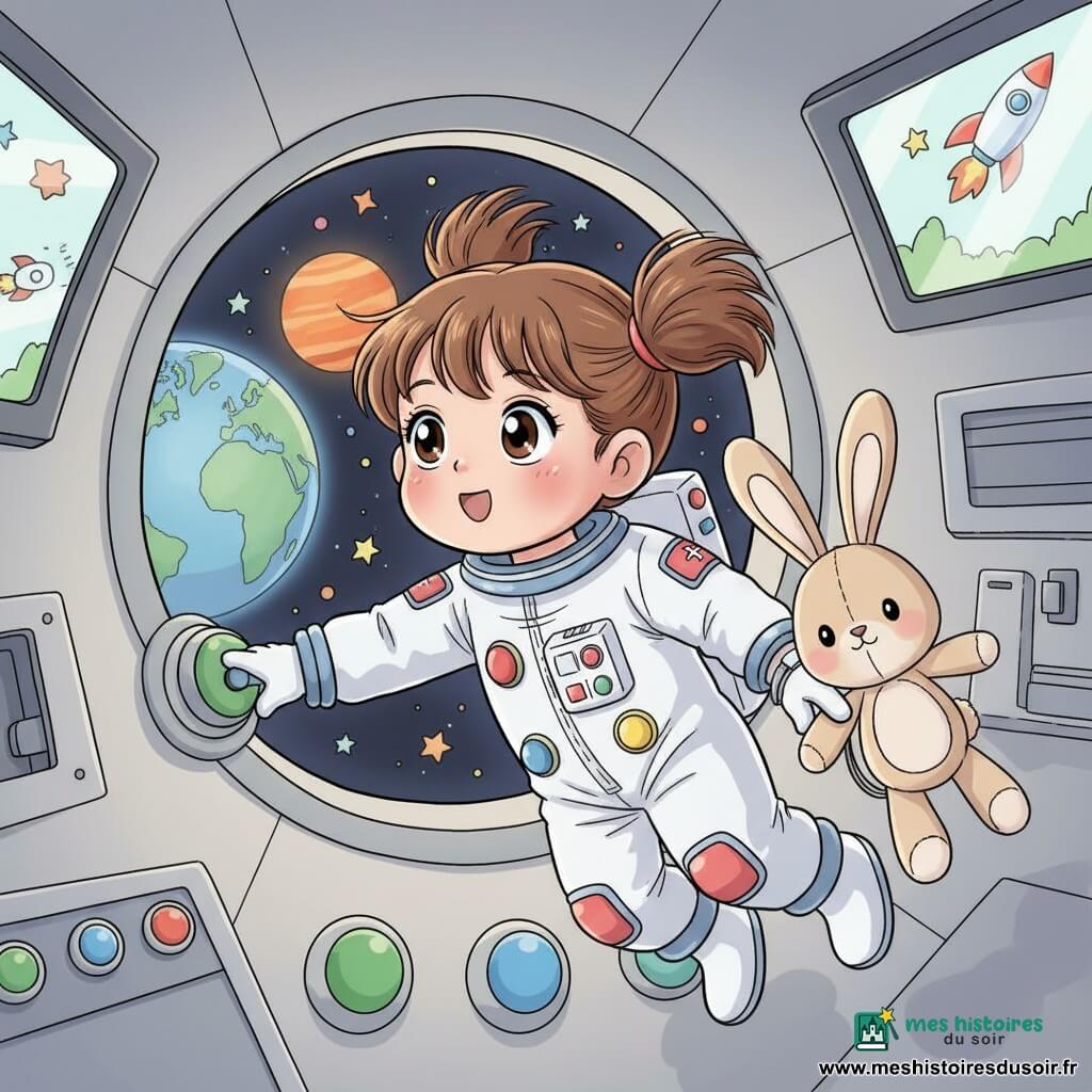 Une fillette d'environ 5 ans aux cheveux châtains en couettes, visage rond et grands yeux émerveillés, porte une combinaison spatiale blanche à boutons colorés et flotte dans une cabine spatiale ronde gris clair ; elle tend les mains vers le grand hublot en appuyant sur un gros bouton vert, un doudou lapin beige aux longues oreilles flotte à côté, la Terre bleue et une planète orange brillent dehors, ambiance douce, sûre et enfantine, couleurs vives, traits simples et éclairage doux.