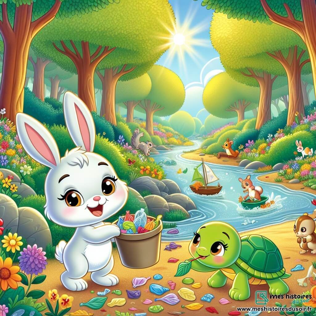 Un petit lapin nommé Léo, aux grandes oreilles et au pelage blanc, se tient joyeusement au centre de la scène, souriant en ramassant des déchets colorés dans la forêt. À ses côtés, sa meilleure amie Clara, une tortue à la carapace verte, le regarde avec admiration, en grignotant une feuille. Le décor est une belle réserve naturelle, avec des fleurs colorées, des arbres majestueux et un ruisseau scintillant, créant une ambiance paisible. Léo et Clara nettoient la forêt, entourés d'animaux curieux comme des oiseaux et des écureuils, tandis que le soleil brille au-dessus, illuminant leur aventure écologique.