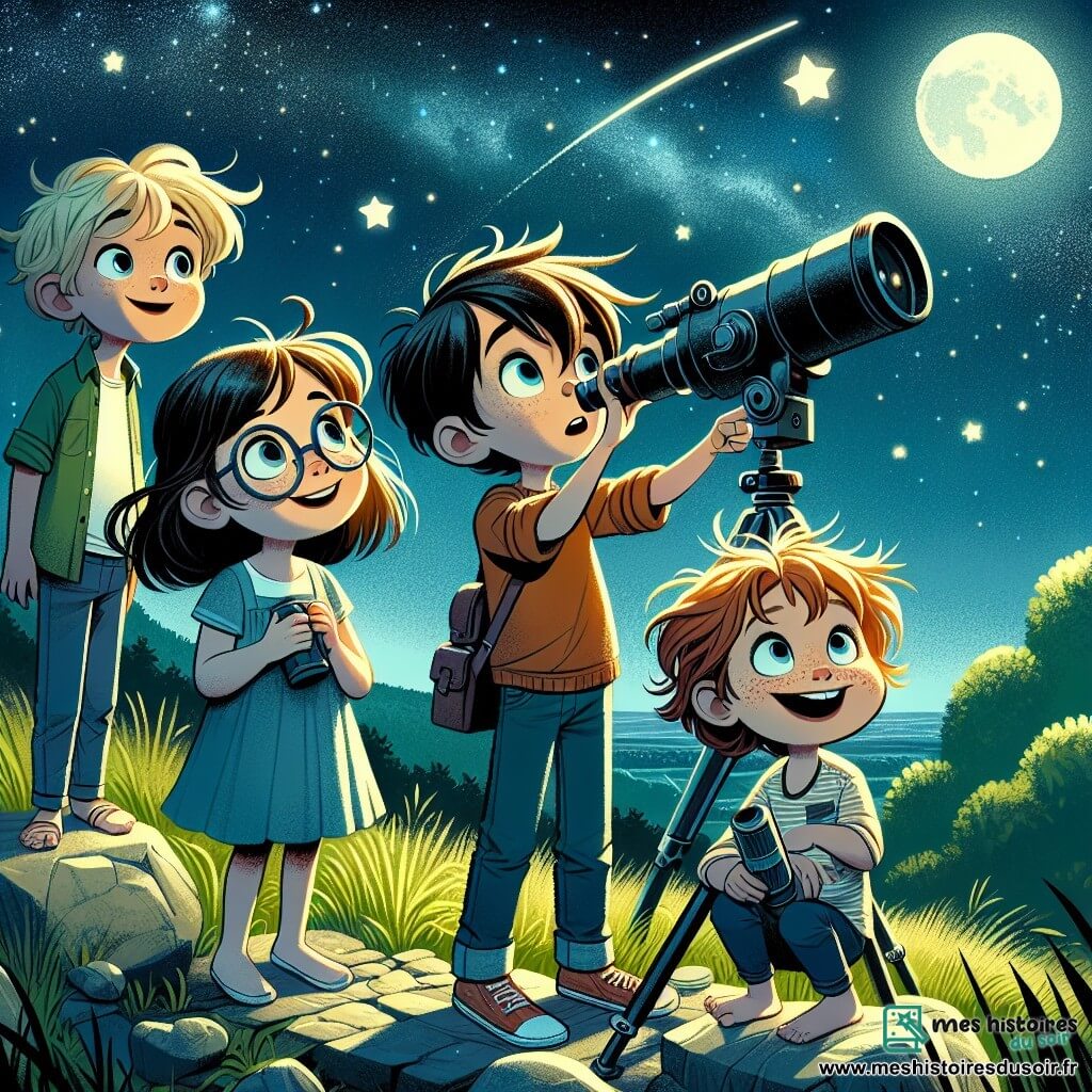 Au sommet d'une colline verdoyante, quatre enfants admirent un ciel étoilé. Léa, 10 ans avec des lunettes, observe à travers un télescope. Thomas, 11 ans aux cheveux blonds, pointe une étoile filante. Camille, 10 ans avec une coupe courte, tient un cylindre mystérieux, tandis qu'Hugo, 11 ans, se tient derrière elle, prêt à faire une blague. Le ciel est bleu, parsemé d'étoiles, et une lune brillante éclaire la scène. Les enfants découvrent un cylindre projetant une carte stellaire holographique, illuminant leurs visages émerveillés.