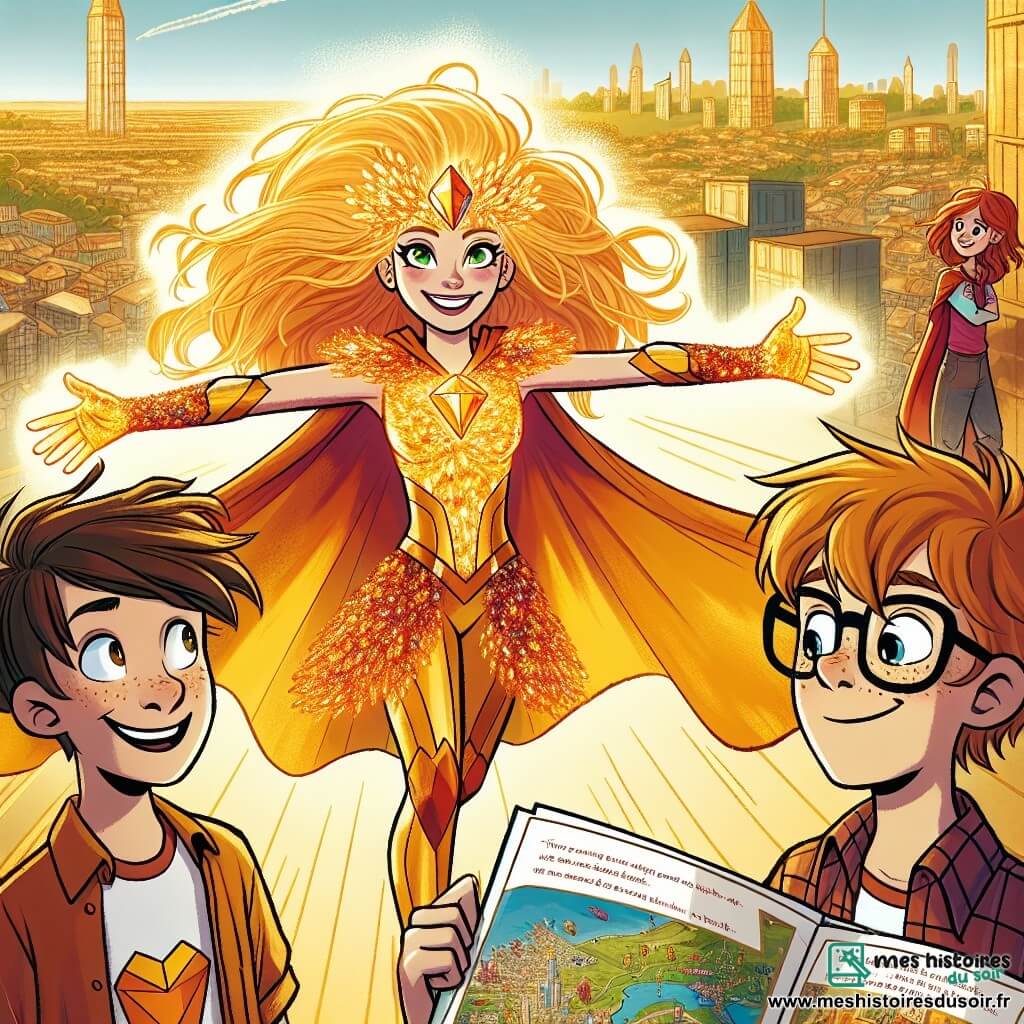 Super-Fille, une jeune femme aux cheveux longs et brillants, porte un costume coloré avec une cape. Elle sourit avec détermination en volant au-dessus de la ville de Cristal, prête à défendre les innocents. À ses côtés, Tom, un garçon de 10 ans aux cheveux bruns en bataille et portant des lunettes, admire la scène tout en pointant un danger sur sa carte. Anna, une fille de 9 ans aux cheveux roux et aux taches de rousseur, exprime son courage en regardant Super-Fille avec fierté. La ville de Cristal, avec ses bâtiments scintillants et ses arbres dorés, est le décor de cette aventure. Super-Fille se prépare à affronter le maléfique Dr. Noir et son armée de robots menaçants, tandis que l'atmosphère est chargée d'excitation et de tension.