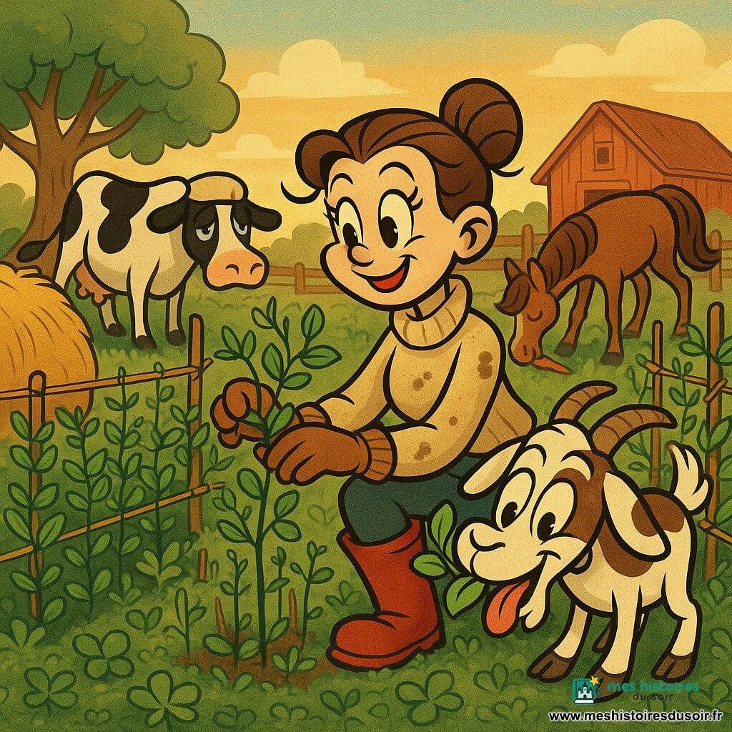 Claire, agricultrice souriante aux cheveux châtain en chignon, genou au sol dans un champ de pois lumineux tenant un jeune plant pendant que Biscotte, chèvre blanche tachetée de brun, grignote une feuille à droite ; Marguerite, vache noire et blanche, se tient à gauche près d’une botte de foin, et Tornade, cheval alezan, est à l’arrière près d’une clôture en mangeant une carotte ; décor de rangées de pois sur tuteurs, trèfles et herbe mouillée, grand noyer, grange rouge et coucher de soleil doré, ambiance calme et légèrement comique aux couleurs saturées et style cartoon rétro.