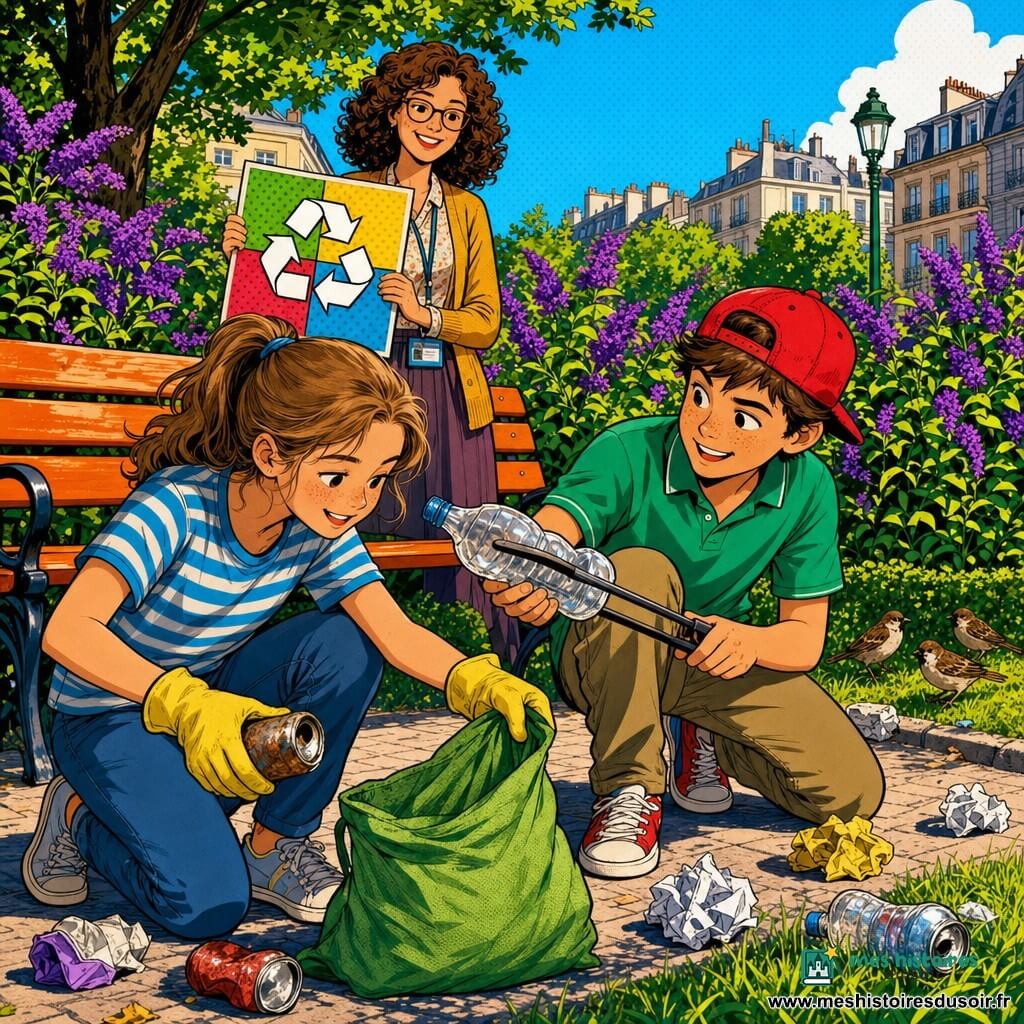 Lina, 12 ans, souriante et concentrée, tient un sac en toile vert et des gants jaunes et ramasse délicatement une canette rouillée; Hugo, vers 12 ans, au visage malicieux et casquette rouge à l’envers, accroupi, tient une pince et tend une bouteille en plastique vers le sac; Maëlle, bibliothécaire d’environ 35 ans aux cheveux bouclés bruns et badge visible, se tient derrière près d’un banc en bois orange, sourit et montre un petit panneau "Tri"; le cadre est un parc urbain ensoleillé avec allée pavée claire, buissons verts, fleurs mauves, pelouse parsemée de déchets, poubelles jaunes et vertes en arrière-plan, quelques moineaux picorent, lumière chaude, ombres nettes et couleurs contrastées au style pop art.
