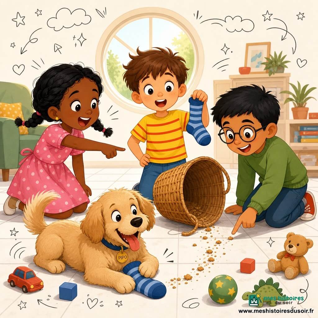 Léo, 6 ans, souriant, cheveux bruns en bataille, t-shirt jaune à rayures rouges, tient une chaussette bleue et regarde autour; Mia, 6 ans, tresses noires, robe rose à pois, rit et pointe le panier à linge à gauche; Samir, 7 ans, cheveux courts, lunettes, pull vert, s'agenouille à droite en montrant une piste de miettes; le chien beige Pipo a une chaussette entre les pattes et remue la queue; dans un salon lumineux au carrelage blanc avec un panier en osier renversé, jouets éparpillés et une fenêtre ronde, les enfants forment un cercle cherchant la chaussette, gestes animés et petites étoiles doodle soulignent l'énergie.