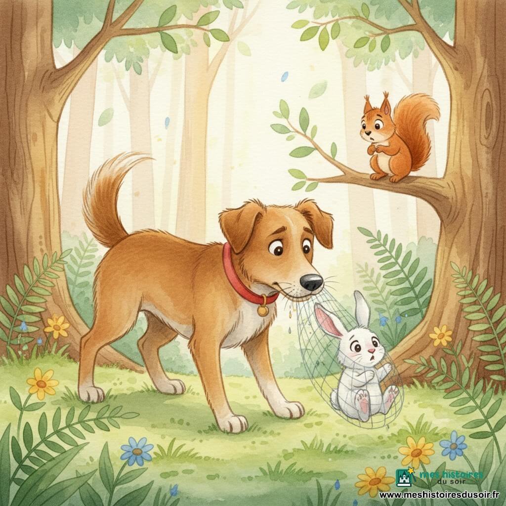 Chien de taille moyenne au pelage brun doré et aux oreilles tombantes, regard doux et déterminé, mord délicatement un filet pour libérer un petit lapin blanc aux oreilles roses et aux yeux effrayés, portant un collier rouge, museau humide, queue relevée et pattes posées sur un tapis de mousse verte ; un écureuil roux aux yeux vifs observe depuis une branche basse, inquiet mais plein d'espoir, dans une clairière de forêt aux troncs larges, fougères et fleurs sauvages jaunes et bleues, rayons de soleil filtrant à travers les feuilles, rendu aquarelle pastel aux traits doux et contours flous, cadrage centré sur le chien et le lapin avec l'écureuil et la végétation en arrière-plan pour une scène intime et rassurante.