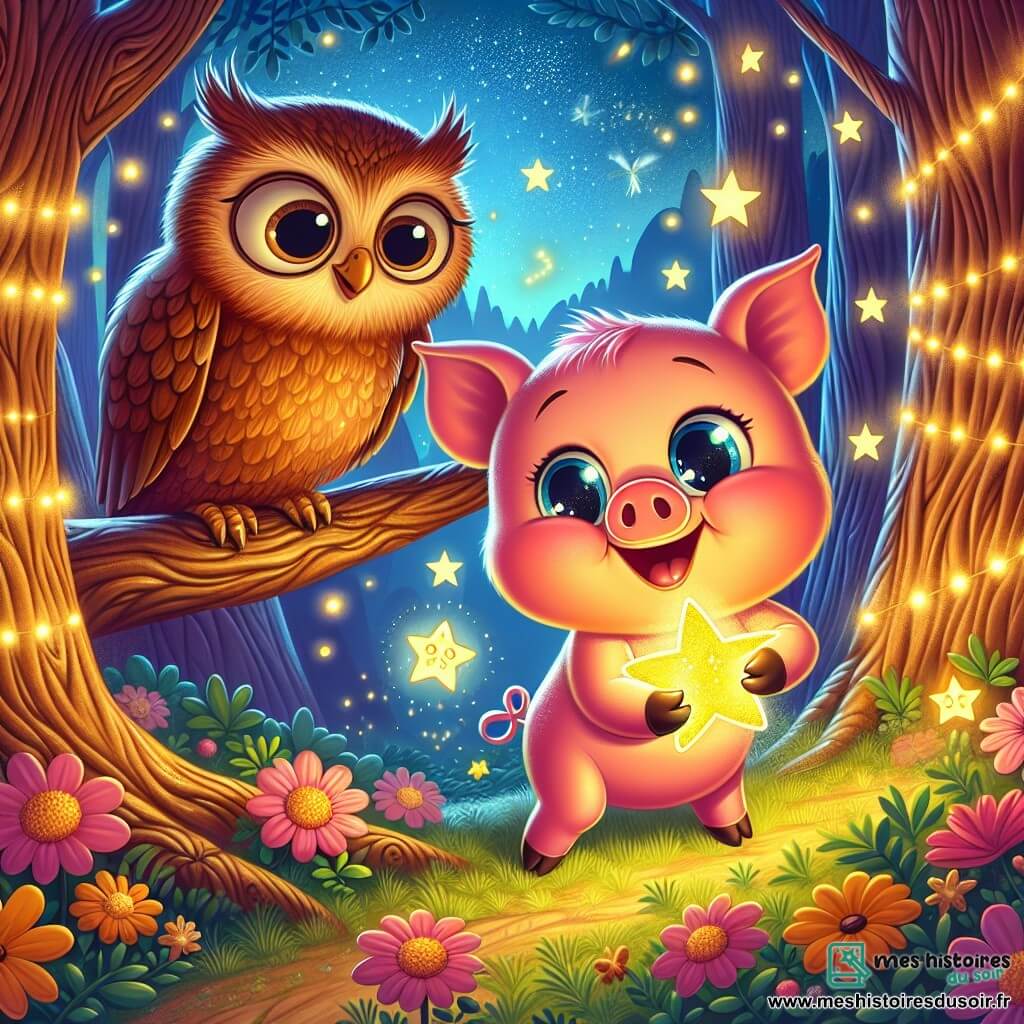Un petit cochon rose nommé Coco, souriant et joyeux, se tient au centre de la scène, tenant une étoile brillante. À côté, un hibou sage aux plumes brunes et aux grands yeux ronds, perché sur une branche, observe avec bienveillance. La forêt enchantée est remplie d'arbres noueux, de fleurs colorées dansant au vent et de lucioles scintillantes. La douce lumière de l'étoile éclaire la scène, créant une ambiance magique. Coco, déterminé et amical, se prépare à remettre l'étoile dans le ciel, encouragé par le regard sage du hibou.