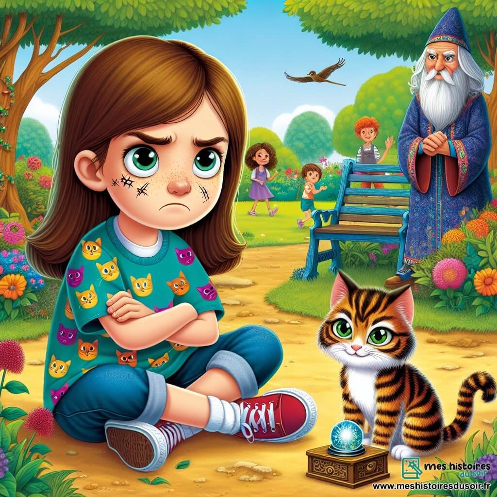 Zoé, une fille de 10 ans aux longs cheveux bruns et aux taches de rousseur, est assise par terre, le visage triste et frustré, les bras croisés. Elle porte un t-shirt coloré avec des motifs de chats et un short en jean. À côté d'elle, un petit chaton tigré aux yeux verts, curieux et espiègle, se faufile dans les buissons. Le parc ensoleillé est rempli de fleurs et d'arbres, avec des enfants qui jouent au loin et des oiseaux chantant. Un banc en bois bleu est occupé par un vieil homme à la barbe blanche et au chapeau pointu, qui sourit mystérieusement. Zoé, frustrée par le chaton qui lui a griffé le visage, prépare un piège magique avec une boîte en métal scintillante, tandis que le chaton, insouciant, continue de jouer.