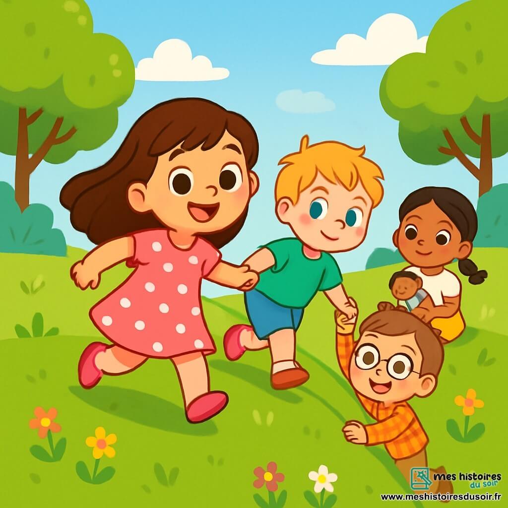 Il y a quatre enfants : Lila, une petite fille de 3 ans avec de longs cheveux bruns et une robe rose à pois blancs, souriante et prête à encourager ses amis ; Tom, un garçon de 3 ans avec des cheveux blonds en bataille et un t-shirt vert, qui regarde Lila avec détermination ; Mia, une petite fille de 3 ans avec des cheveux noirs tressés, une jupe jaune et une poupée dans les bras, assise sur une marche ; et Jules, un garçon de 3 ans avec des cheveux châtains et des lunettes rondes, souriant en bas de la butte. L'action se déroule dans un parc ensoleillé avec une butte verdoyante, des fleurs colorées et des arbres. Les enfants montent la butte main dans la main, joyeux et déterminés, surmontant leur peur tout en riant.
