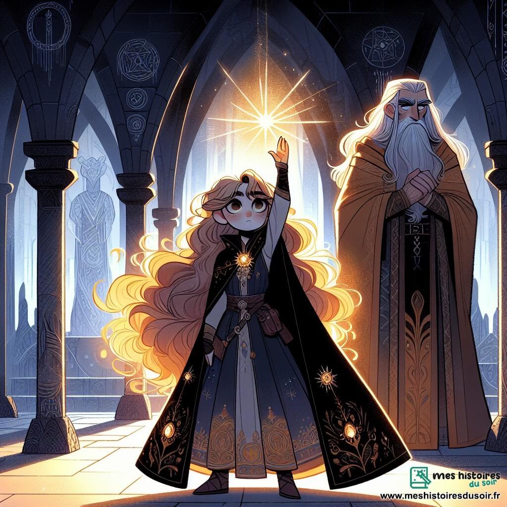 Au centre de l'image, Lyra, une jeune mage aux longs cheveux flamboyants, se tient fièrement avec une cape sombre ornée de motifs mystiques. Elle lève une main vers le ciel, tenant l'Étoile de l'Aube, une gemme scintillante qui illumine son visage. À ses côtés, Maître Eldrin, un vieil homme de 70 ans avec une longue barbe argentée, l'observe avec un sourire bienveillant, les bras croisés. Le décor est celui du Temple de l'Ombre, une salle ornée de fresques anciennes et de colonnes majestueuses, où la lumière de l'Étoile de l'Aube crée une atmosphère mystique. Lyra, en action, libère une magie éclatante, symbolisant le retour de la magie dans l'Empire d'Eldoria.