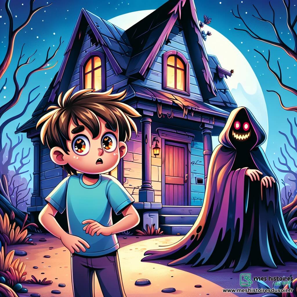 Un garçon de 10 ans nommé Thomas se tient devant une vieille maison abandonnée, les yeux écarquillés d'émerveillement et d'inquiétude. Il avance courageusement vers la porte, malgré ses mains légèrement tremblantes. À l'entrée, un vampire mystérieux avec une cape noire et des yeux rouges l'observe avec un sourire bienveillant. La maison est entourée d'arbres sombres, avec des fenêtres brisées et des toiles d'araignées. Une lumière lunaire éclaire la scène, créant une atmosphère magique et effrayante. Thomas, curieux et nerveux, s'approche du vampire, prêt à découvrir les secrets de la maison.
