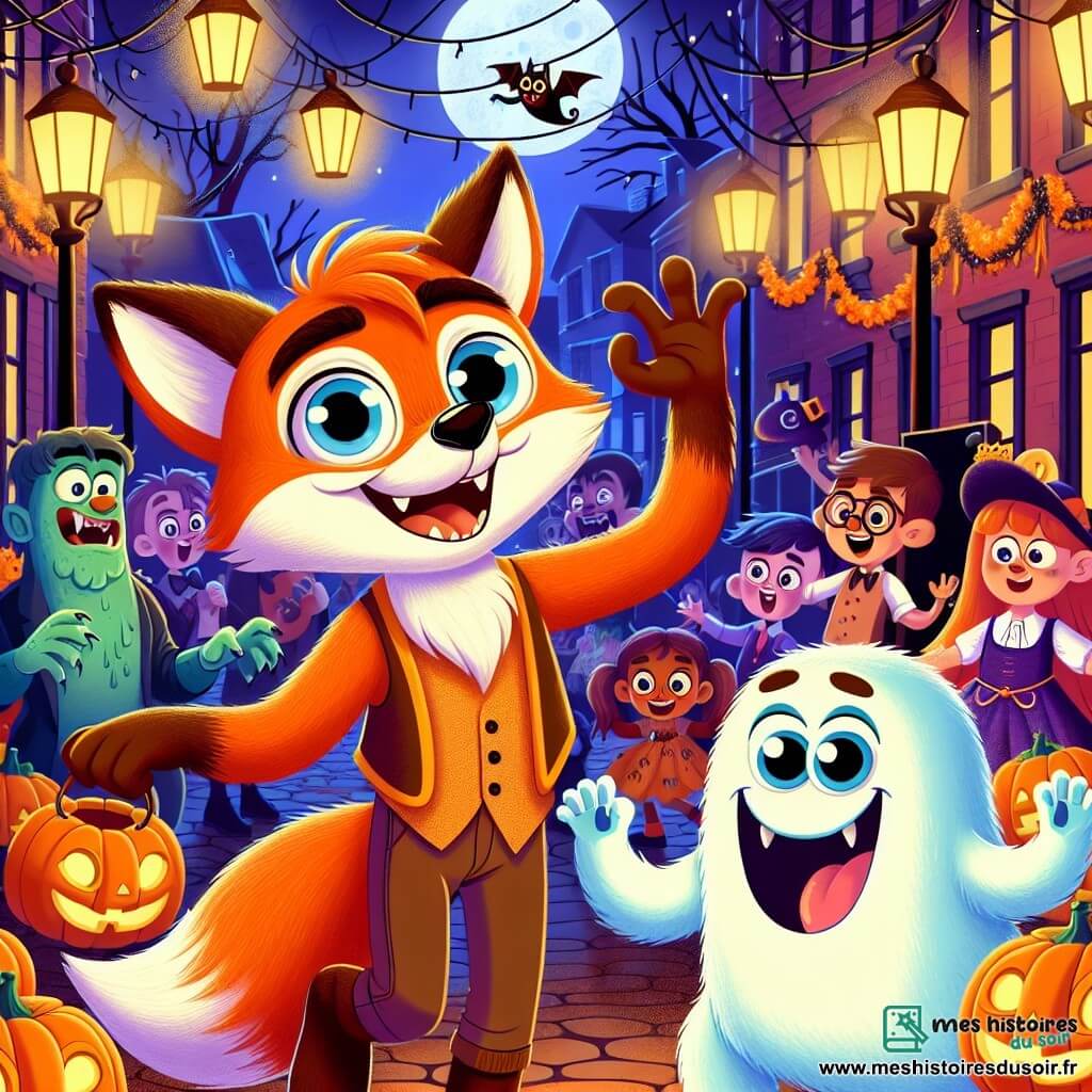 Un renard nommé Félix, avec une fourrure orange vif et des yeux curieux, danse joyeusement dans une rue décorée pour Halloween, souriant largement. À ses côtés, un petit fantôme nommé Gus flotte dans les airs, prêt à faire rire les enfants avec des blagues. Un grand monstre poilu, Max, fait des grimaces hilarantes pour amuser les enfants. La scène se déroule dans une rue animée, illuminée par des lanternes en forme de citrouilles et ornée de toiles d'araignée, où des enfants déguisés en vampires et sorcières s'amusent. Félix, Gus et Max, unis par l'amitié, créent une atmosphère festive, transformant la nuit d'Halloween en un moment de rires et de magie.