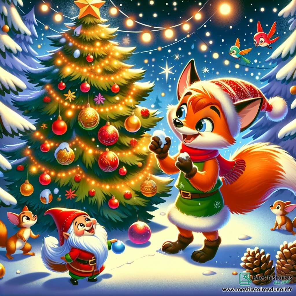 Un renard rusé, aux poils orange vif et à la queue touffue, décore un grand sapin de Noël avec des pommes de pin dorées et des guirlandes de baies rouges. À ses côtés, un petit lutin farceur, vêtu d'un bonnet rouge et d'une tunique verte, tient une boule de neige. La clairière enneigée est illuminée par des étoiles scintillantes, tandis que des flocons de neige tombent doucement. Les animaux de la forêt, comme des écureuils et des oiseaux colorés, s'approchent du sapin, émerveillés par la magie de Noël. La scène est festive et joyeuse, remplie de rires et de camaraderie.