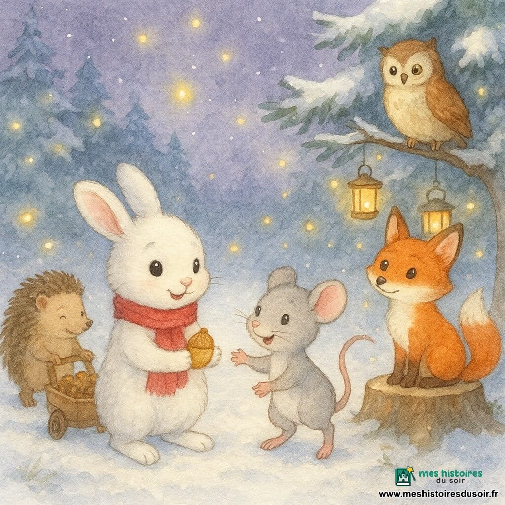Dans une clairière enneigée de sapins sous un ciel violet crépusculaire, un petit lapin blanc, Noisette, au pelage duveteux et écharpe rouge, tient une noisette dorée tandis que Souricette, petite souris grise, saute pour la récupérer ; Monsieur Pic, vieux hérisson brun, pousse à gauche une charrette de pommes de pin, Lila la renarde rousse est assise sur une souche à droite entourée de lanternes et Edwige la chouette dorée veille depuis une branche enneigée pendant que des lucioles illuminent doucement la préparation d’une fête de Noël aux couleurs pastel, ambiance magique et chaleureuse.