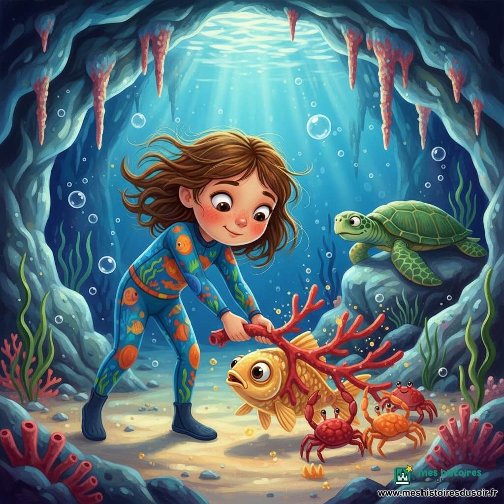 Louna, 8 ans, visage rond et cheveux châtains, en petite combinaison de plongée colorée tire sur une branche de corail pour libérer un poisson-messager aux écailles dorées coincé sous une branche rouge au centre d'une grotte sous-marine nacrée ; trois petits crabes rouges et orange poussent la branche à ses côtés tandis qu'une vieille tortue marine observe depuis l'arrière-plan près d'un rocher couvert d'algues, rayons bleus filtrant, bulles montant, ambiance chaleureuse de sauvetage, peinture acrylique aux couleurs vives, traits doux et composition centrée sur la fille et le poisson.
