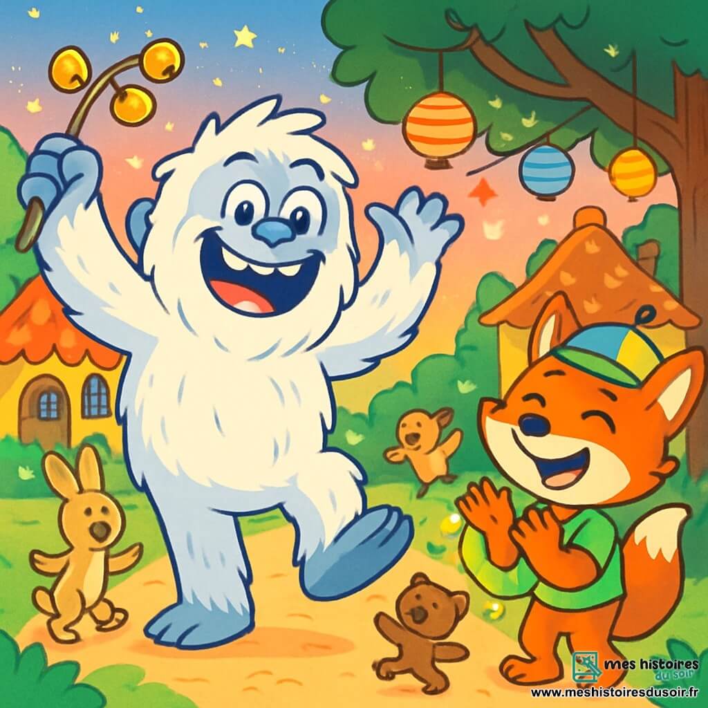 Miko, un yéti joyeux au pelage blanc et duveteux, danse avec un bâton orné de grelots. Il sourit largement, les bras levés. À ses côtés, Biscotte, un renard au pelage orange vif et à la casquette colorée, applaudit en riant, tenant une guirlande de lucioles. Ils se trouvent dans un village enchanteur avec des maisons en miel, des lampions colorés et des animaux dansant autour d'eux, préparant une fête pleine de rires sous un ciel pastel étoilé.