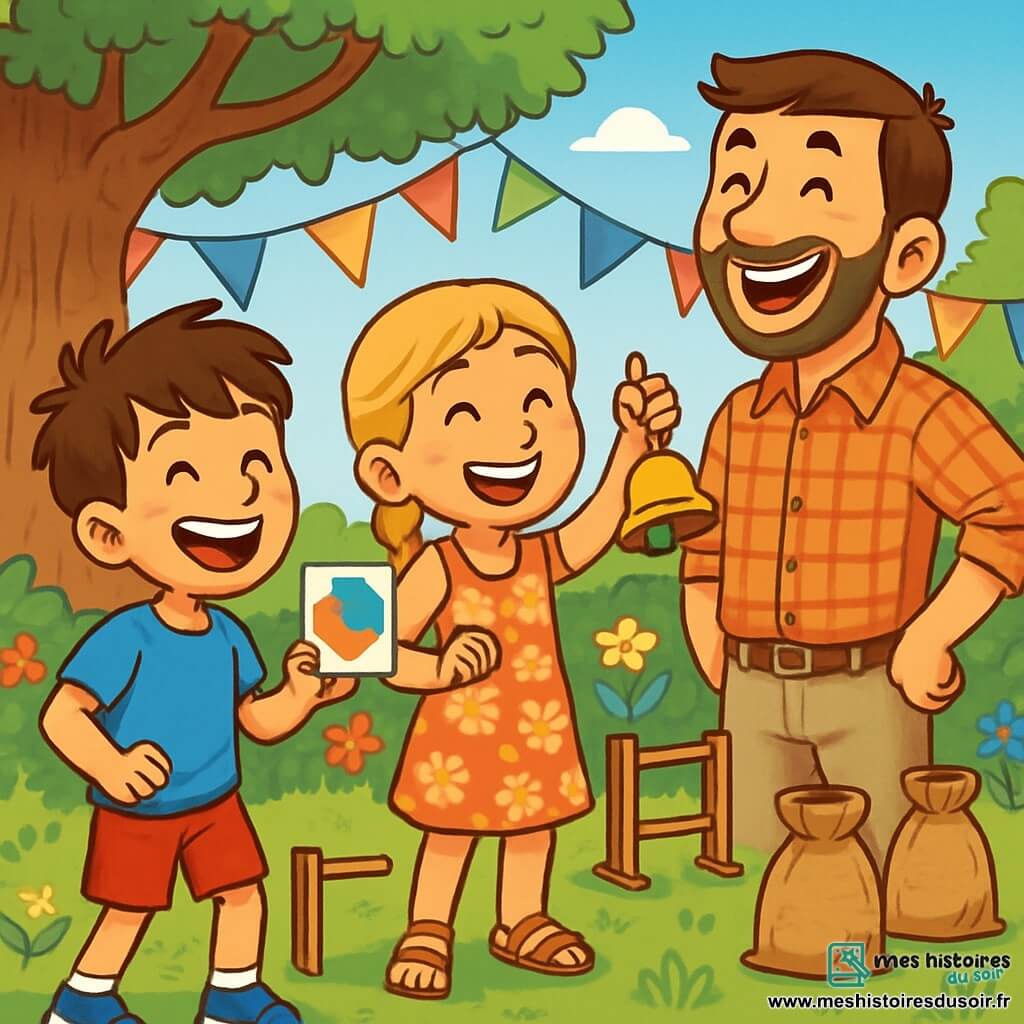 Il y a trois personnages : Léo, un garçon de 10 ans aux cheveux bruns en bataille, riant avec un indice coloré en main ; Léa, sa jumelle, avec des cheveux longs et blonds, souriant et tenant une cloche ; et Marc, leur père de 35 ans, riant et prêt à relever un défi. L'image se déroule dans un jardin ensoleillé rempli de fleurs et d'arbres, avec un grand chêne à l'arrière-plan et des banderoles flottant au vent. Léo et Léa présentent à Marc le parcours d'obstacles qu'ils ont préparé pour la fête des pères, l'encourageant avec enthousiasme.