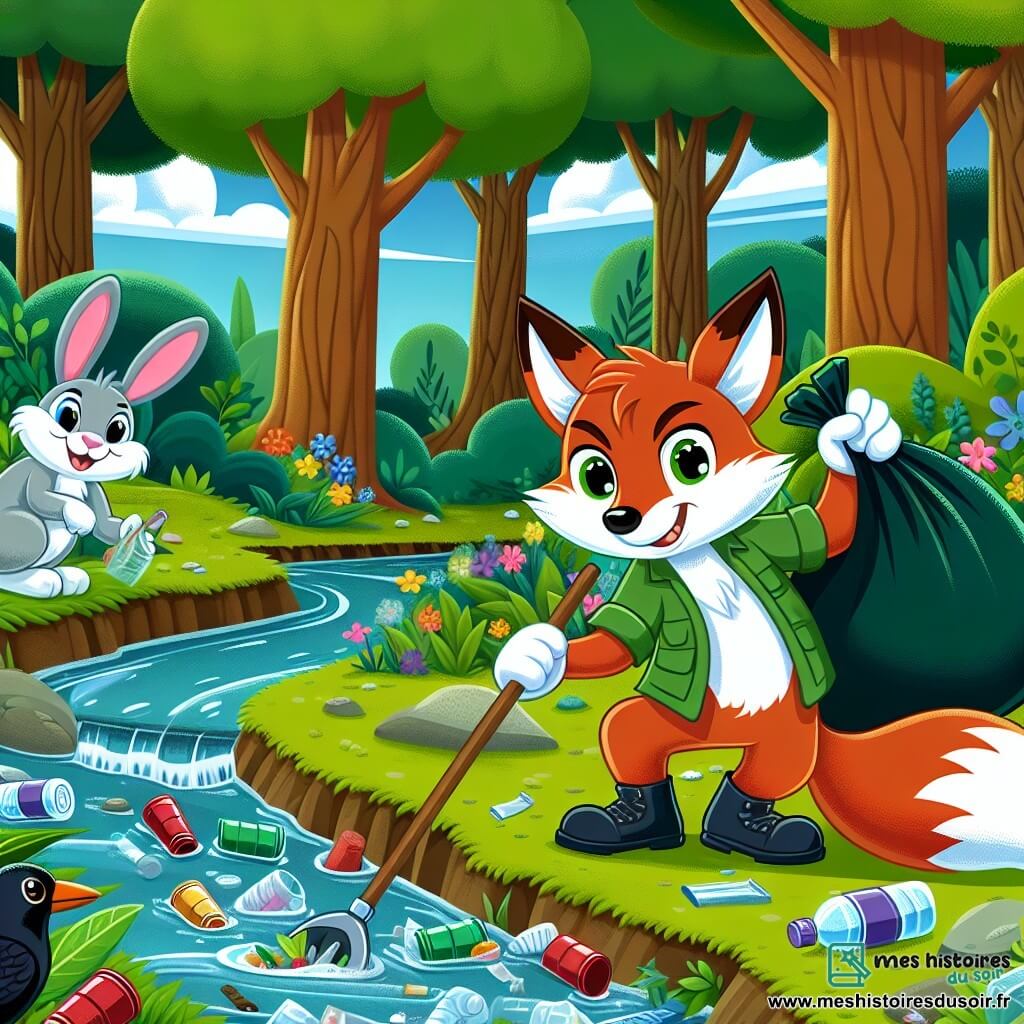 Illustration d'un renard déterminé aux yeux malicieux et à la fourrure rousse, accroupi au bord d'un ruisseau avec un sac poubelle. À ses côtés, une lapine souriante avec une pince et un merle curieux perché sur une branche. Le parc verdoyant présente un ruisseau entre des arbres majestueux, des fleurs colorées, mais aussi des déchets en plastique. Le renard et ses amis nettoient le ruisseau, engagés dans la protection de la nature. D'autres éléments incluent des sacs poubelles colorés et des panneaux de tri, symbolisant leur engagement pour l'écologie.