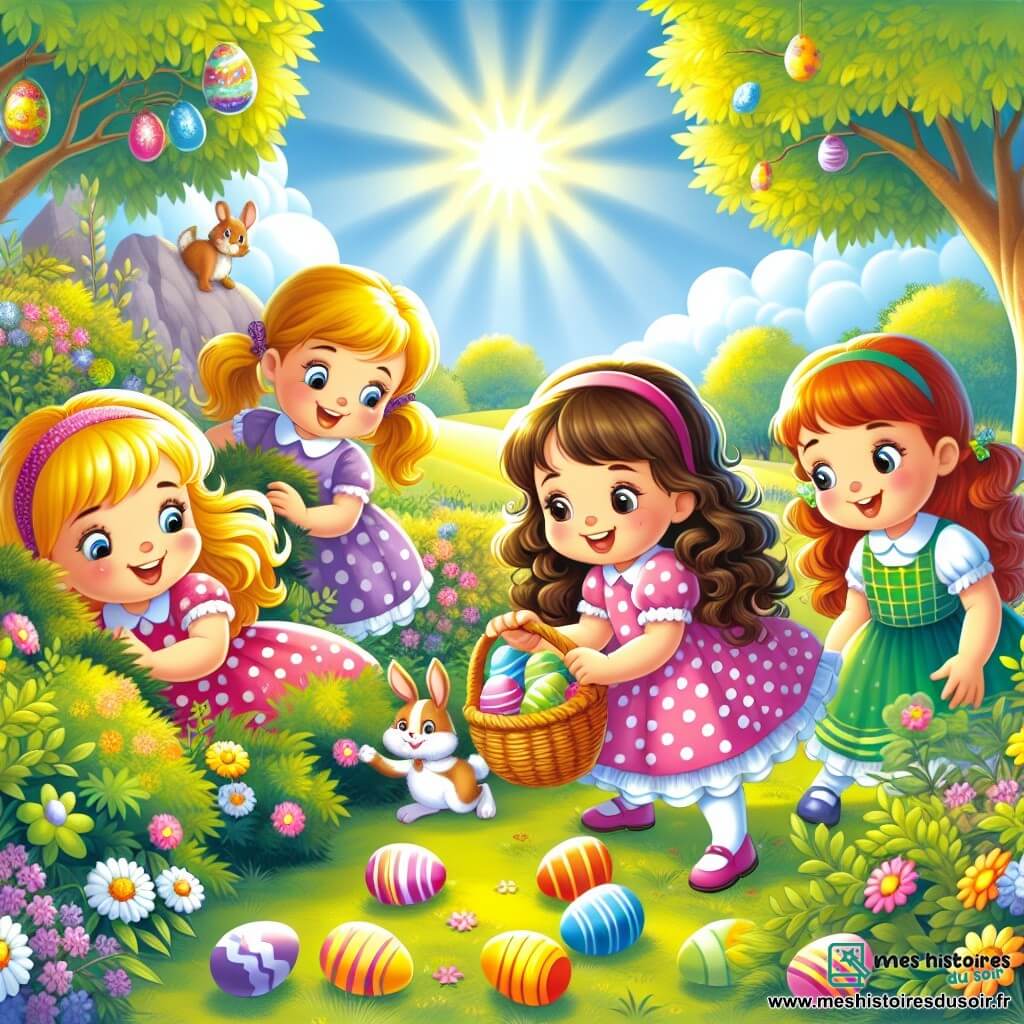 Quatre petites filles joyeuses, âgées de 6 à 8 ans, se tiennent dans un jardin ensoleillé. Chloé, avec des cheveux blonds, porte une robe rose à pois blancs et sourit en tenant un panier. Clara, aux cheveux bruns, est vêtue d'une robe violette et regarde autour d'elle. Léa, avec des cheveux châtains, porte une robe jaune et pointe du doigt un œuf caché. Lila, aux cheveux roux, est habillée d'une robe verte et s'accroupit pour examiner un buisson. Le jardin est rempli de fleurs colorées et de grands arbres. Des œufs de Pâques multicolores sont cachés parmi les fleurs. Les filles sont en pleine chasse aux œufs, cherchant avec enthousiasme les œufs en chocolat cachés par un lapin, créant une ambiance joyeuse.