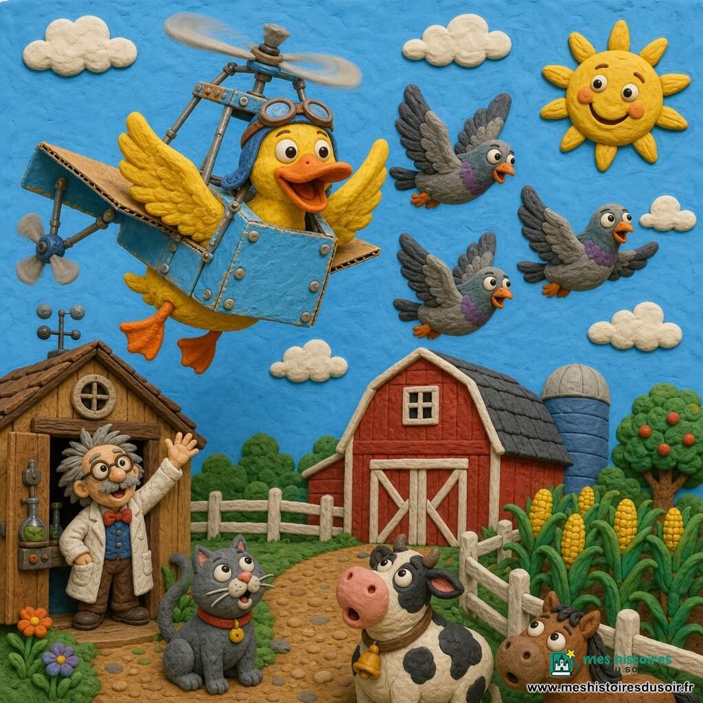 Canard jaune vif au bec orange en pâte à modeler texturée, souriant et battant des ailes, équipé d’une petite machine volante artisanale en carton et métal bleu clair aux hélices tournantes, s’élevant au-dessus d’une ferme; un scientifique excentrique d’environ 50 ans, cheveux gris en désordre et lunettes rondes, agite la main depuis le seuil d’un petit labo en bois près de la grosse grange rouge; trois pigeons gris guident le canard en vol; au sol, clôtures blanches, champ de maïs et autres animaux en pâte à modeler (chat, vache) étonnés; ciel bleu clair, nuages duveteux et soleil souriant en haut à droite; ambiance amusante, colorée et naïve, formes rondes et textures visibles, composition centrée sur le canard volant.