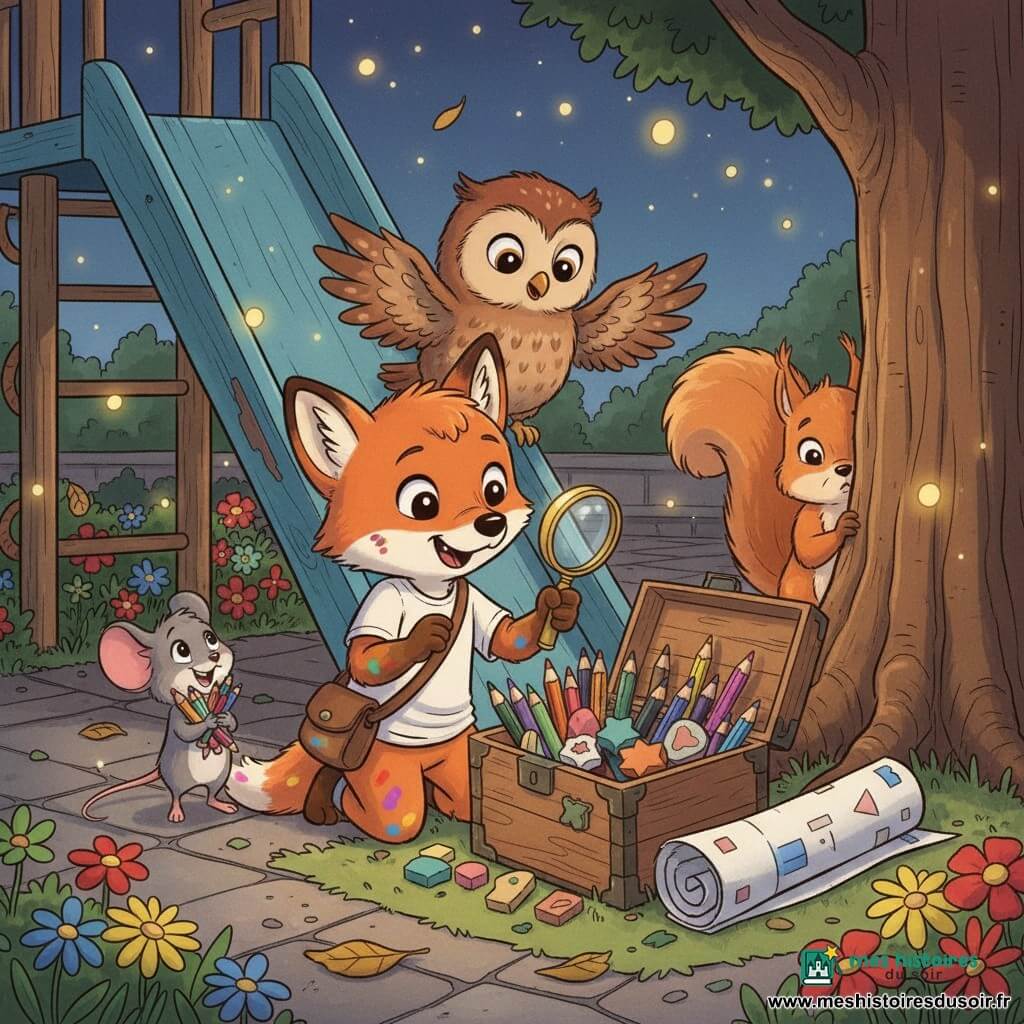 Félix, un petit renard roux aux yeux brillants, est agenouillé devant une boîte en bois ouverte tenant une loupe, avec une besace et des taches de peinture sur les pattes; Lila, une minuscule souris grise souriante, serre des crayons multicolores contre sa poitrine à gauche; Max, un jeune hibou brun aux grands yeux, est perché sur la rambarde du toboggan derrière, ailes légèrement ouvertes; Émile, un petit écureuil roux, se cache timidement derrière un tronc en regardant la boîte — la cour de récréation nocturne est éclairée par des lucioles, avec un vieux toboggan bleu fané, des fleurs au pied, un rouleau de papier peint et un sol pavé; scène chaleureuse de découverte d'une boîte de crayons et gommes, ambiance d'amitié et d'enquête, couleurs chaudes, style illustrations rondes et expressives, plan rapproché trois-quarts pour voir visages et détails des crayons.