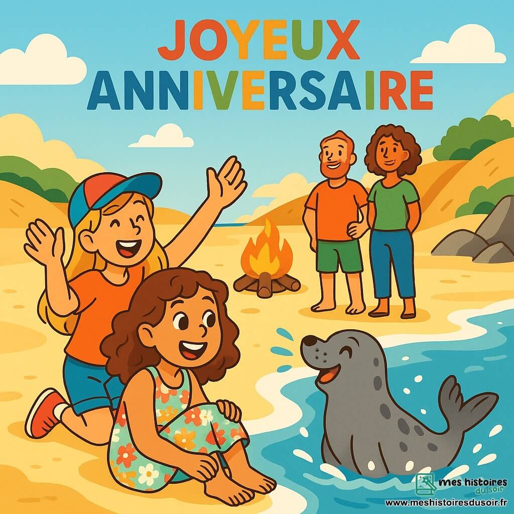 Clara, une fille de 12 ans aux cheveux châtains bouclés et aux yeux pétillants, est assise sur le sable doré de la plage, souriante. Elle porte une robe légère à fleurs, les pieds nus dans le sable chaud, et admire un petit phoque nommé Marin qui joue dans les vagues. À côté d'elle, son amie Léa, également âgée de 12 ans avec des cheveux blonds longs et une casquette colorée, applaudit joyeusement. Les parents de Clara, un homme jovial avec une barbe rousse et une femme aux cheveux bouclés, se tiennent près d'un feu de camp, souriants. La scène se déroule sur une plage ensoleillée, entourée de dunes et de rochers, avec l'océan bleu et un ciel dégagé. Clara et Léa s'amusent avec Marin, créant une ambiance joyeuse pour l'anniversaire de Clara.