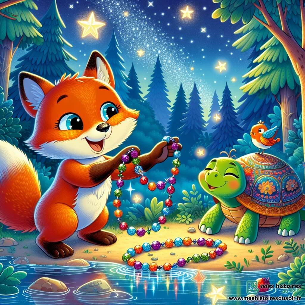 Dans une forêt enchantée, un petit renard orange vif nommé Félix sourit en tenant un collier de baies colorées. À ses côtés, une vieille tortue sage nommée Théodore admire le collier avec un grand sourire. Un oiseau bleu nommé Azur chante sur une branche, ajoutant une touche de magie à la scène. La scène se déroule au bord d'un lac clair, sous un ciel étoilé, entourée d'arbres majestueux. Félix offre le collier à Théodore pour célébrer Noël, illustrant l'esprit de partage et d'amitié en cette belle nuit étoilée.