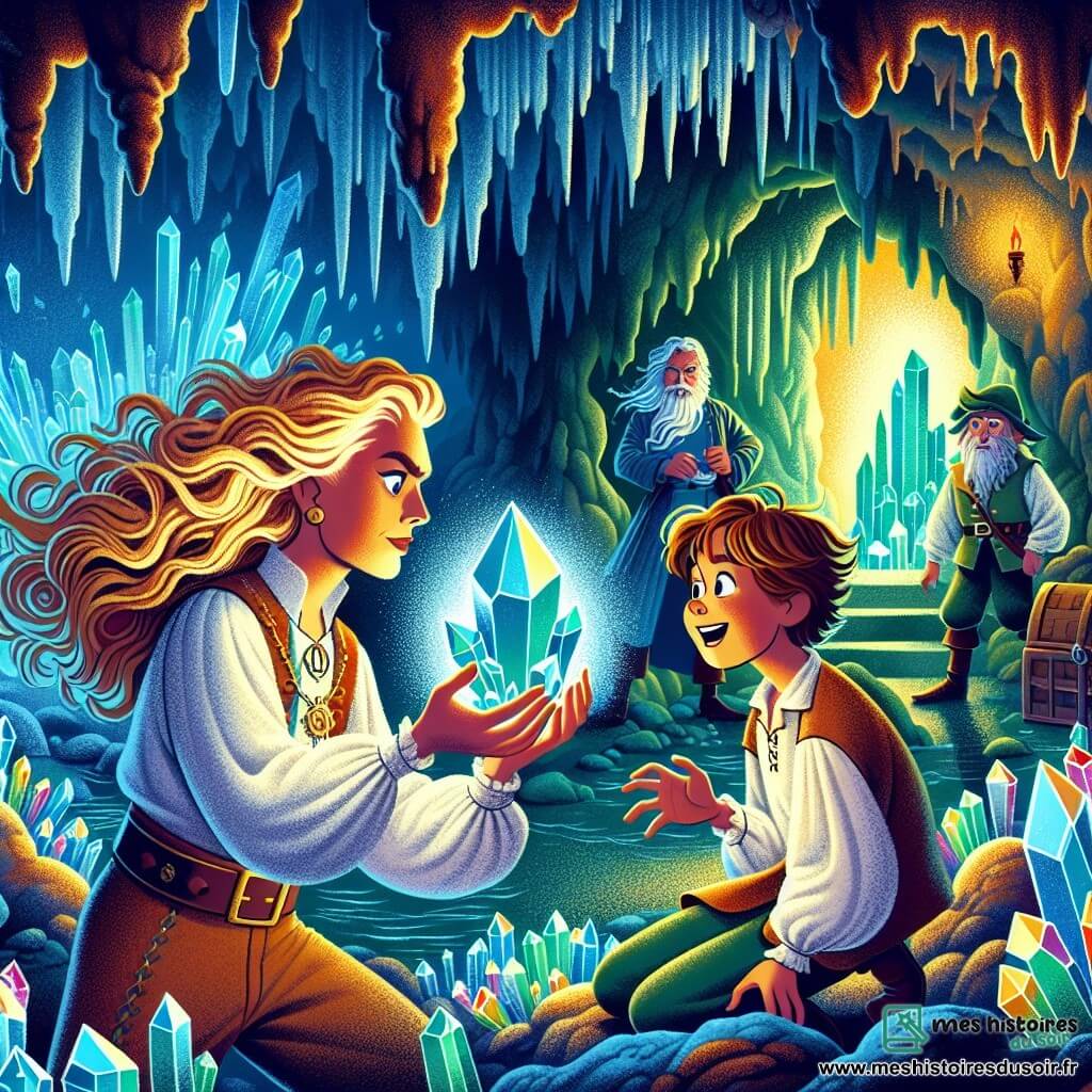 La scène se déroule dans une caverne mystérieuse illuminée par des cristaux scintillants. Au centre, la Capitaine Élodie, une femme d’une trentaine d’années aux cheveux dorés, tient fièrement le Cristal de l'Azur. Son visage exprime une détermination éclatante. À ses côtés, Fredo, un jeune mousse de 12 ans aux cheveux bruns, l'observe avec émerveillement, accroupi et prêt à bondir d’excitation. En arrière-plan, Barbe-Verte, un homme d’une quarantaine d’années avec une barbe hirsute, se tient en retrait, les bras croisés, affichant un sourire narquois. La caverne, ornée de stalactites et de stalagmites, crée une ambiance magique, tandis que des ombres dansent autour d’eux, suggérant la présence de créatures protectrices. Élodie, triomphante, est entourée de ses compagnons, prêts à affronter les défis à venir.