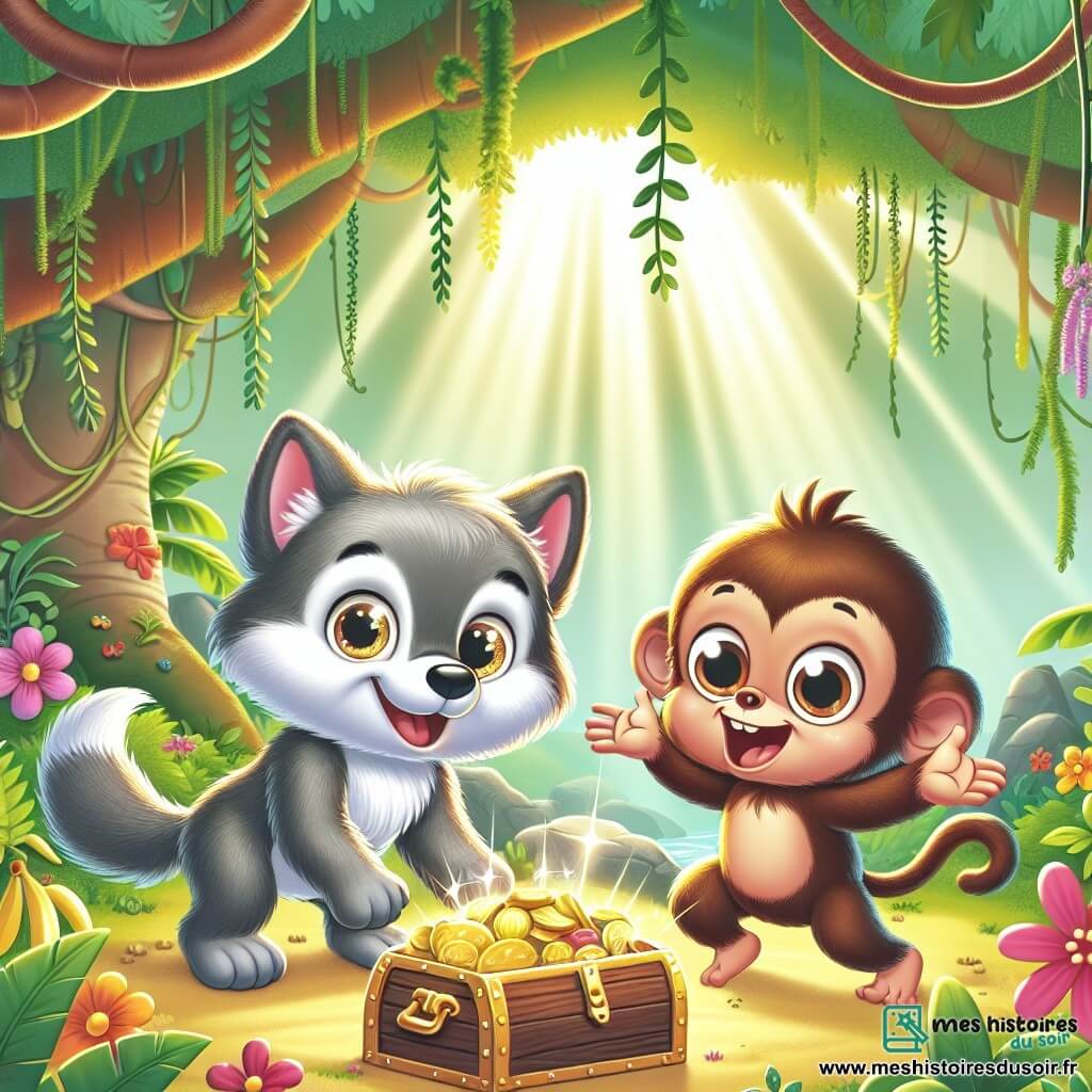 Un loup nommé Loulou, au pelage gris doux et aux yeux curieux, creuse le sol avec surprise et excitation. À ses côtés, un petit singe nommé Malin, au pelage brun et aux grands yeux malicieux, saute de joie en désignant une grande pierre, impatient de découvrir un trésor. La scène se déroule dans une jungle luxuriante, pleine de feuillages verts, de fleurs colorées et de lianes. Des rayons de soleil illuminent le sol. Loulou et Malin trouvent ensemble une boîte de bananes brillantes, partageant un moment de joie et d'amitié.