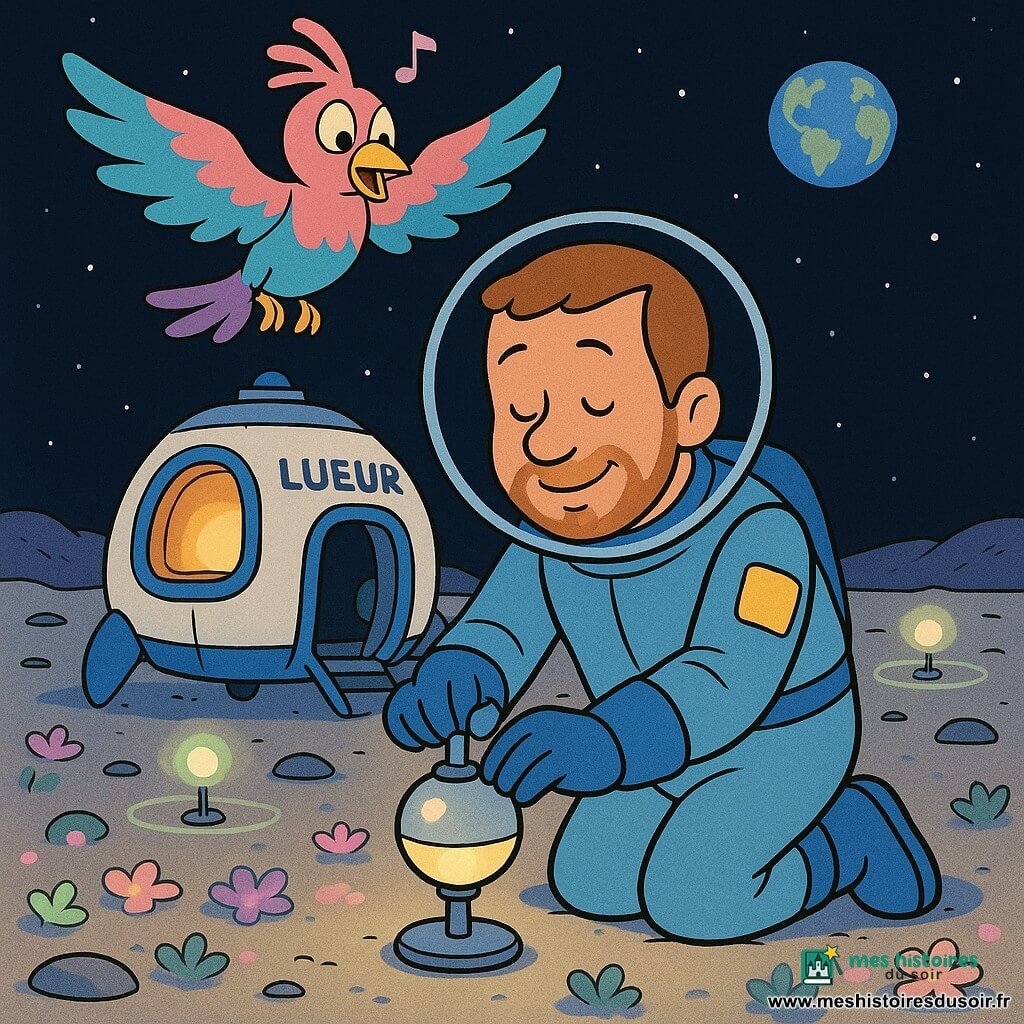 Marc, homme adulte serein et souriant, visage rond et légère barbe, en combinaison spatiale bleu clair avec patchs jaunes, agenouillé pour serrer une vis sur une petite balise ronde brillante ; la navette Lueur, petite cabine blanche et bleue avec hublot lumineux, stationne juste derrière, portes ouvertes et poste de pilotage émettant une douce lueur ; un oiseau-lune rose et turquoise plane au‑dessus en chantant, expression curieuse ; le sol de la lune est couvert de fleurs basses et lumineuses aux tons pastels, parsemé de quelques rochers ; trois balises vertes plantées émettent de faibles anneaux de lumière et la Terre bleue et blanche apparaît à l’horizon étoilé ; scène calme et chaleureuse, lumière douce, contrastes nets, style dessin animé des années 90, couleurs vives et contours épais, composition centrée sur Marc et la balise.
