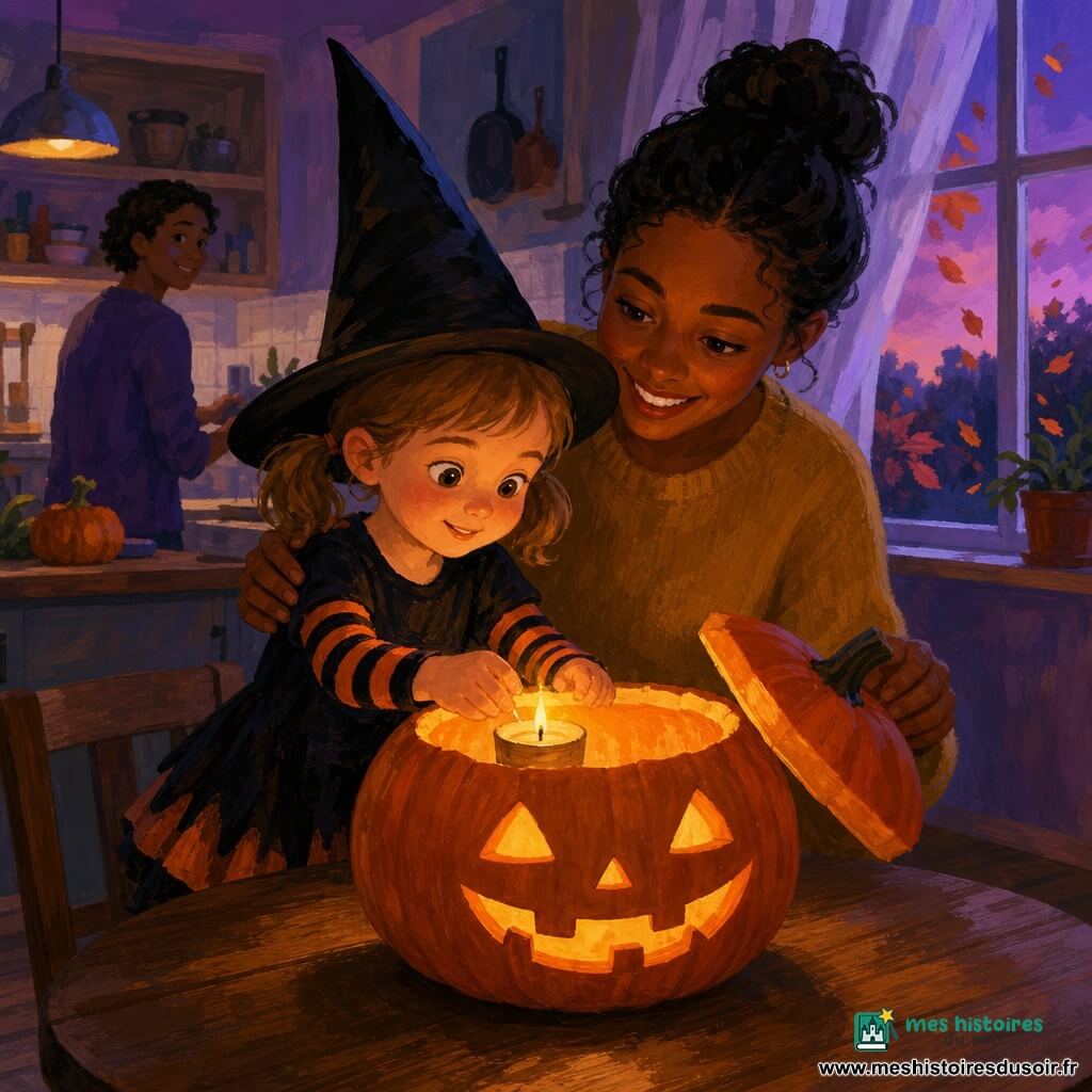 Fille de 4 ans émerveillée, cheveux châtain clair en couettes, chapeau de sorcière noir et robe noire à rayures orange, posant une petite bougie dans une grosse citrouille creusée sur une table en bois; sa mère d'environ 32 ans, chignon, pull moutarde, souriante et protectrice une main sur son épaule, l'autre soulevant le couvercle de la citrouille; ambiance de fin de soirée dans une cuisine chaleureuse avec plancher et table en bois, fenêtre laissant voir des feuilles d'automne et un crépuscule violet; la flamme jaune-ambre éclaire l'intérieur orangé de la citrouille et projette des ombres douces, créant une atmosphère sûre et légèrement magique.