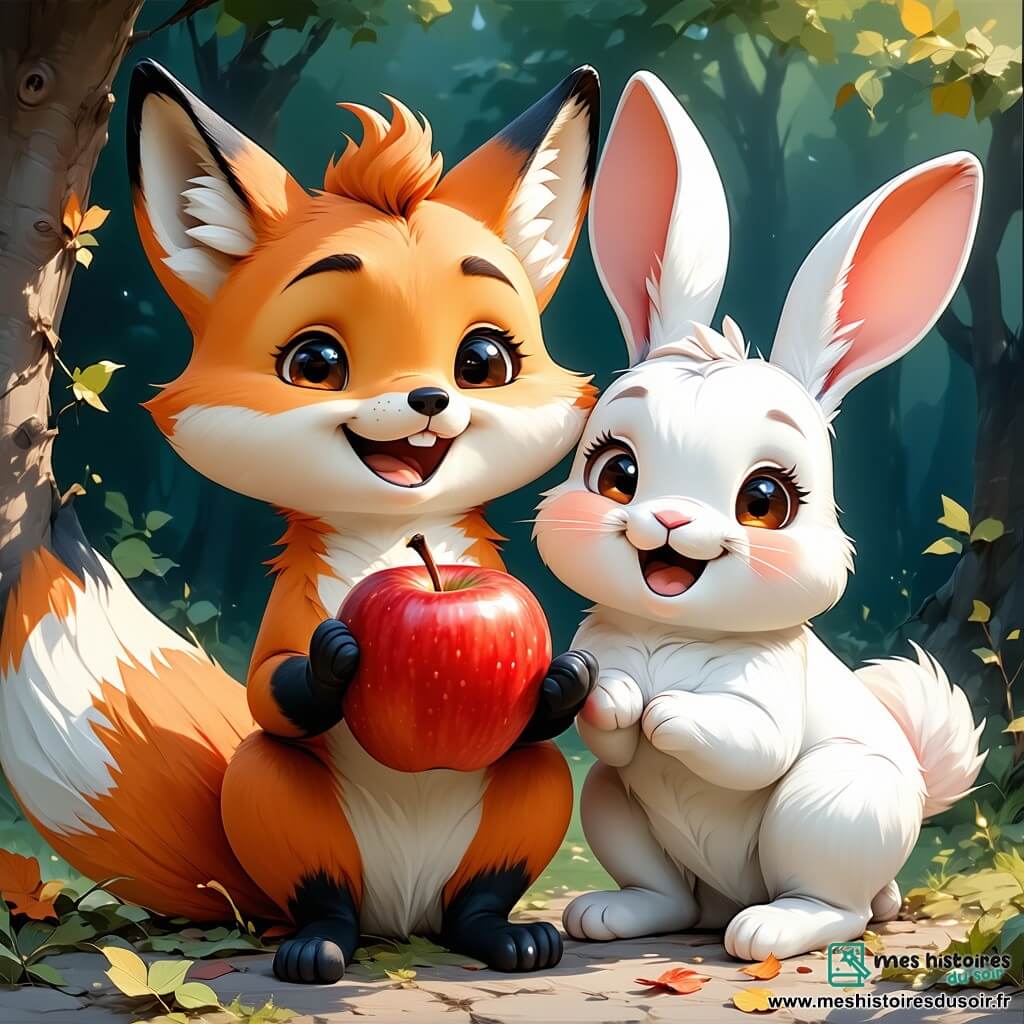Renard, un animal rusé au pelage orange vif et à la queue touffue, sourit en tenant une pomme rouge dans ses pattes. Il a des yeux pétillants de malice et semble fier. Lapin, avec ses grandes oreilles blanches et sa fourrure douce, est assis à côté, souriant de joie. Souris, petite créature grise aux moustaches frémissantes, admire Renard en levant les yeux avec enthousiasme. Ours, un gros ours brun au pelage doux, est en arrière-plan, tapant dans ses pattes avec un grand sourire. La scène se déroule dans une forêt ensoleillée, avec des arbres verts et des fleurs colorées. Renard et ses amis célèbrent leur victoire après avoir attrapé la pomme, riant et partageant des morceaux de fruit ensemble, entourés par la nature.