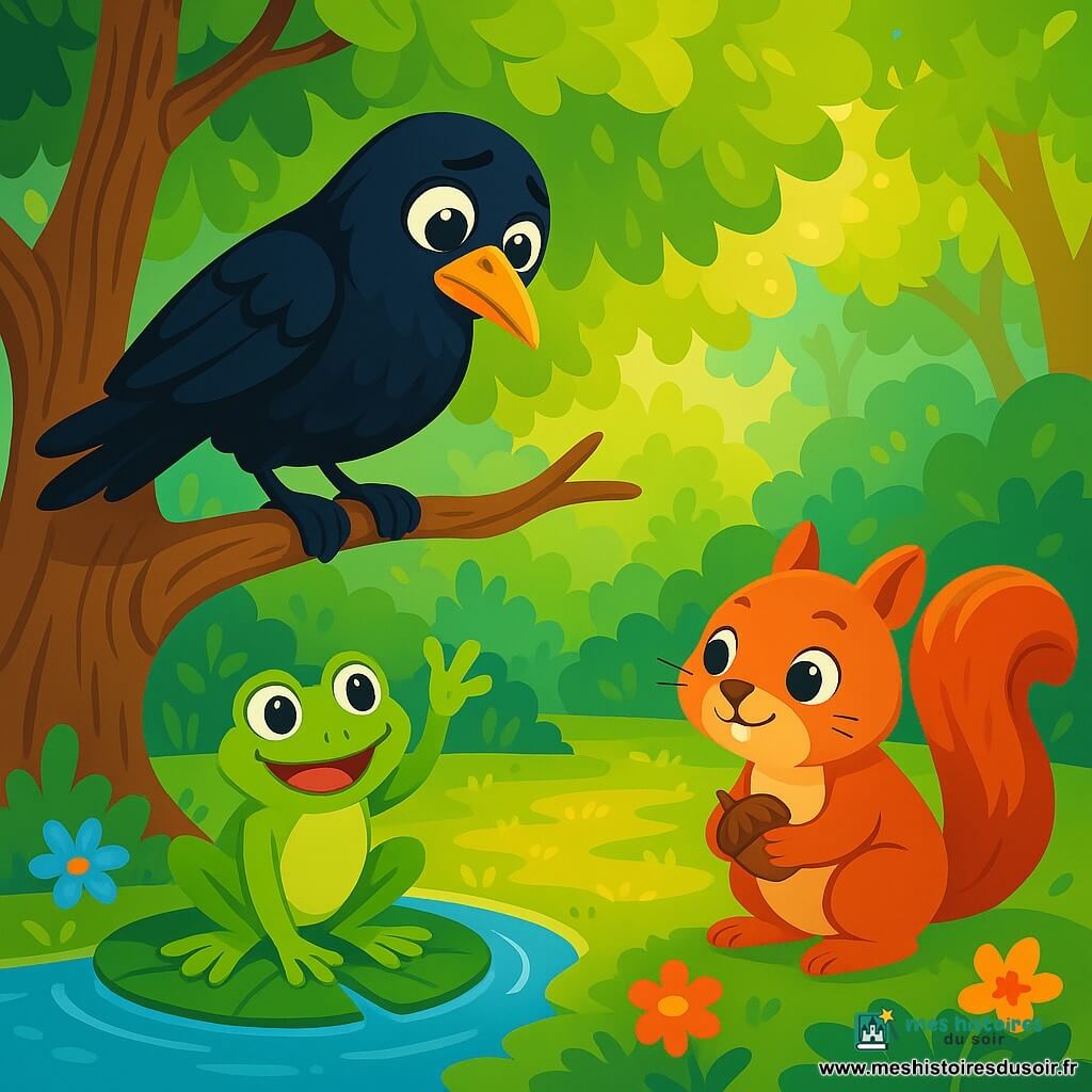 Un corbeau au plumage noir brillant, avec des yeux curieux et une expression mélancolique, est perché sur une branche d'un grand chêne, regardant avec espoir vers le bas où se trouvent ses nouveaux amis. Une grenouille verte, souriante, lève une patte pour saluer le corbeau, tandis qu'un écureuil aux poils roux, tenant une noix, observe la scène avec amusement. La scène se déroule dans une forêt enchantée, où la lumière du soleil filtre à travers les feuilles, créant des motifs dorés sur le sol. Le corbeau, désireux de se faire des amis, se prépare à chanter une douce mélodie pour attirer l'attention des autres animaux.