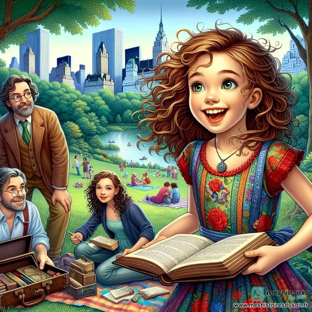 Léa, une fille de 10 ans, se tient au centre de Central Park, avec des cheveux châtains et des yeux brillants d'excitation. Elle porte une robe colorée et tient un vieux livre ouvert, souriante. À ses côtés, sa maman Sophie, une femme dans la trentaine, et son papa Thomas, un homme dans la quarantaine, observent avec fierté un coffret en métal qu'ils viennent de déterrer. Le parc est verdoyant, rempli d'arbres, de familles pique-niquant et de rires d'enfants, avec des gratte-ciels de New York en arrière-plan. Léa découvre un trésor caché sous un vieux banc, entourée de sa famille, tous captivés par cette aventure inattendue.