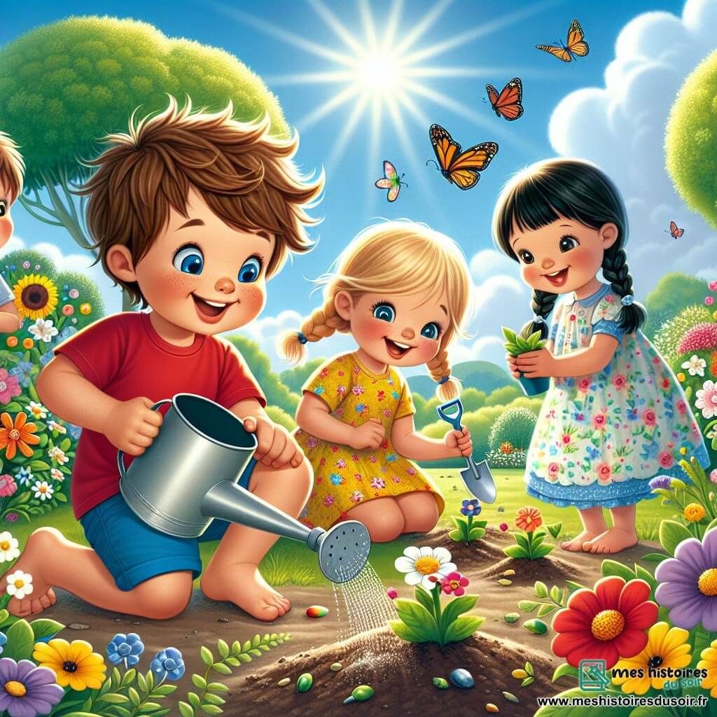 Quatre enfants jouent dans un parc ensoleillé au printemps. Max, 7 ans, avec des cheveux bruns, porte un t-shirt rouge et un short bleu, il plante une graine. Lisa, 6 ans, avec des cheveux blonds tressés et une robe jaune à fleurs, sourit avec une petite pelle. Tom, 8 ans, avec des cheveux noirs et des lunettes, admire les fleurs en arrière-plan. Mia, 7 ans, avec des cheveux châtains, se tient près d’un arrosoir, prête à arroser les graines. Le parc est rempli de fleurs colorées, d'arbres verts et de papillons. Les enfants créent leur jardin avec enthousiasme et rires, sous un ciel bleu et ensoleillé.