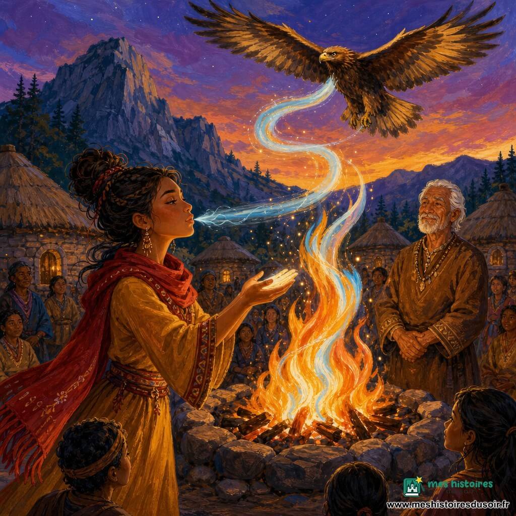 Zara, femme au visage chaleureux et déterminé, cheveux noirs tressés relevés, robe ocre et écharpe rouge, yeux brillants et léger sourire, verse un souffle lumineux vers un grand feu de camp sacré aux flammes orange, or et bleu pâle tandis qu’un vieil homme aux cheveux blancs et tunique brune, son grand‑père, se tient en arrière‑plan, ému et fier, et qu’un aigle majestueux aux plumes brunes dorées plane au‑dessus, relié à elle par un ruban de vent translucide ; le village de huttes en cercles entoure la clairière au pied d’une montagne escarpée, pins sombres et ciel violet‑orangé au crépuscule, atmosphère mythique et apaisante, style pictural acrylique à traits visibles, textures épaisses et palette riche contrastée, composition centrée sur l’échange de lumière entre Zara et le feu.