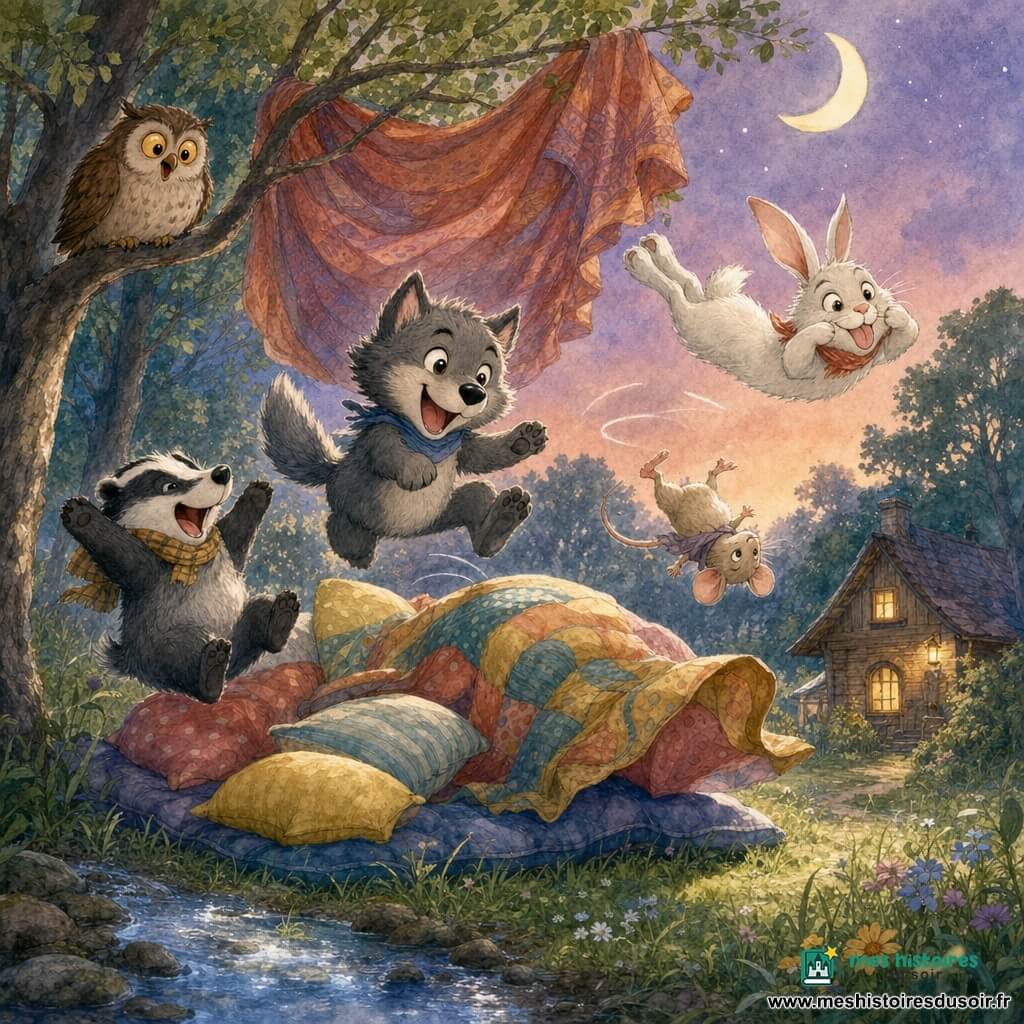 Léon, un petit loup gris aux yeux brillants et au visage souriant, saute sur un lit improvisé de couvertures et d'oreillers ; Bibi le blaireau, trapu et rayé, rit en rebondissant sur le bord du lit ; Mimi la petite souris beige fait une pirouette en l'air devant le lit ; Gaspard le lapin blanc, grand et énergique, grimace en plein saut, pattes arrière tendues ; Olga la chouette ronde aux grands yeux dorés est perchée sur une branche près de la maison, étonnée et amusée ; à l'arrière, la maison en bois de Maman Loup avec une fenêtre éclairée, une clairière herbeuse bordée d'arbres, un ruisseau scintillant et un ciel crépusculaire avec une lune douce ; la scène montre le lit rebondissant, une grande couverture colorée prise dans les branches comme un rideau, éclats de rire, mouvement et couleurs douces à la texture aquarelle.