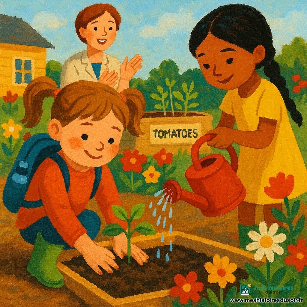 Lila, 4 ans, visage rond et joues roses, cheveux châtain clair en couettes, bottes vertes et petite gourde bleue, sourit doucement, concentrée en plantant un jeune pied de tomate, ses mains dans la terre sombre; Tamara, ~5 ans, cheveux noirs en tresse, robe jaune, arrose avec un arrosoir rouge, l’eau tombe en gouttes brillantes; la maîtresse, femme d’une trentaine d’années aux cheveux courts et blouse claire, applaudit et indique d’autres plants; le potager scolaire est composé de plates-bandes en bois, sol humide, fleurs en bordure et une pancarte « tomates », une abeille butine, lumière de matin douce et atmosphère chaleureuse et attentive.