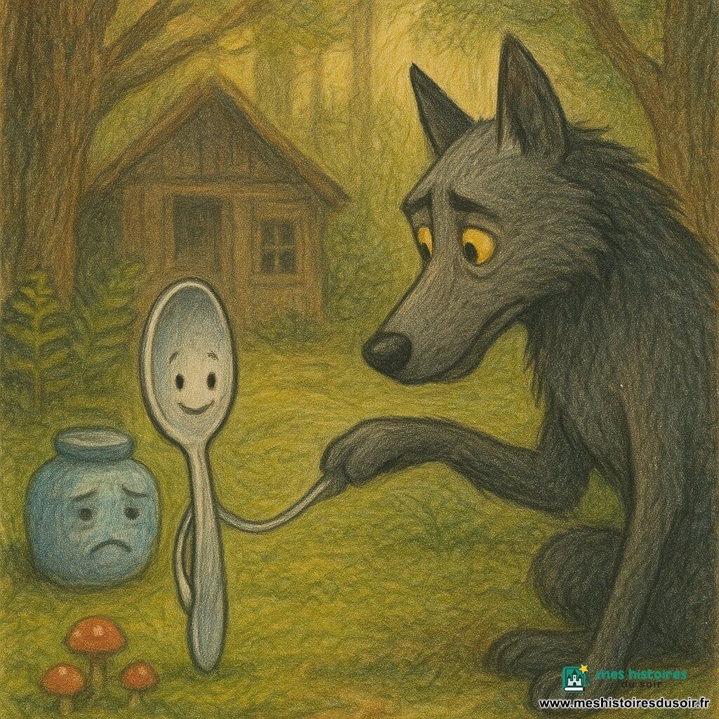 Petite Cuillère : petite cuillère anthropomorphe en métal argenté, sourire gravé, regard courageux et timide, debout sur la mousse, tend la pointe vers la patte du loup; Grand Méchant Loup : grand loup élancé au pelage gris foncé, yeux jaunes adoucis, posture courbée et étonnée, parmi fougères et troncs; Gros Pot : vieux pot à confiture en céramique bleu pâle, couvercle fissuré, expression triste puis soulagée, posé à l’entrée d’une petite cabane en bois; Lieu et atmosphère : clairière boisée au sol de mousse et petits champignons rouges, arbres aux troncs noueux, cabane sombre en arrière-plan, lumière douce de fin d’après-midi filtrant entre les branches; Situation : la petite cuillère demande pardon et fait preuve de courage face au grand loup, ambiance tendre et apaisée, couleurs chaudes contrastant avec des ombres bleutées, traits aux crayons visibles et textures douces.