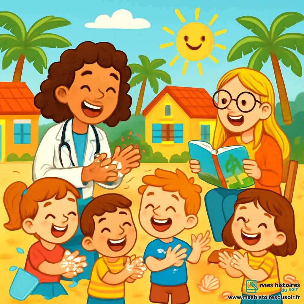 Une médecin souriante, Dr. Claire, d'une trentaine d'années avec des cheveux châtains bouclés, porte une blouse blanche et un stéthoscope. Elle rit en montrant aux enfants comment se laver les mains. À ses côtés, Léa, une bibliothécaire d'environ 25 ans avec de longs cheveux blonds et des lunettes rondes, raconte une histoire captivante aux enfants. Le décor est une île ensoleillée avec des maisons colorées et des palmiers. Dr. Claire et Léa sont entourées d'enfants joyeux qui imitent les gestes de lavage des mains, malgré un gobelet d'eau renversé.