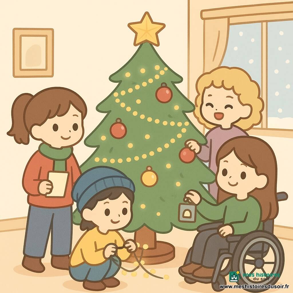 Quatre enfants décorent un sapin de Noël dans un salon chaleureux. Zoé, aux cheveux châtains et portant un pull rouge, tient un carnet près du sapin. Maya, avec un bonnet bleu et un pull jaune, est accroupie à droite avec une guirlande lumineuse. Inès, aux cheveux blonds et un pull violet, rit derrière le sapin en tenant une boule rouge. Lina, en fauteuil roulant avec un pull vert, tient une boîte en métal à droite du sapin. Le sapin, décoré de guirlandes dorées, de boules colorées et d'une étoile en papier, est illuminé par des lumières scintillantes. La neige tombe doucement à l'extérieur, créant une ambiance joyeuse et collaborative.