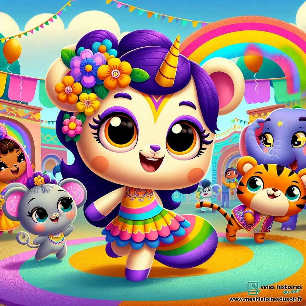 Au centre de l'image, Lila, une petite licorne aux crins arc-en-ciel, sourit en tenant un dessin de son pays. À sa droite, Tim, un tigre orange, danse joyeusement avec un foulard coloré. À gauche, Mia, une souris grise, danse gracieusement avec des fleurs dans les oreilles. En arrière-plan, Sam, un éléphant bleu, écoute attentivement, prêt à partager son histoire. Le décor est une cour d'école colorée avec des guirlandes et des ballons, où des enfants en costumes traditionnels se rassemblent, créant une atmosphère festive. Lila et ses amis célèbrent la diversité en partageant des histoires et des danses, illustrant l'harmonie entre différentes cultures.