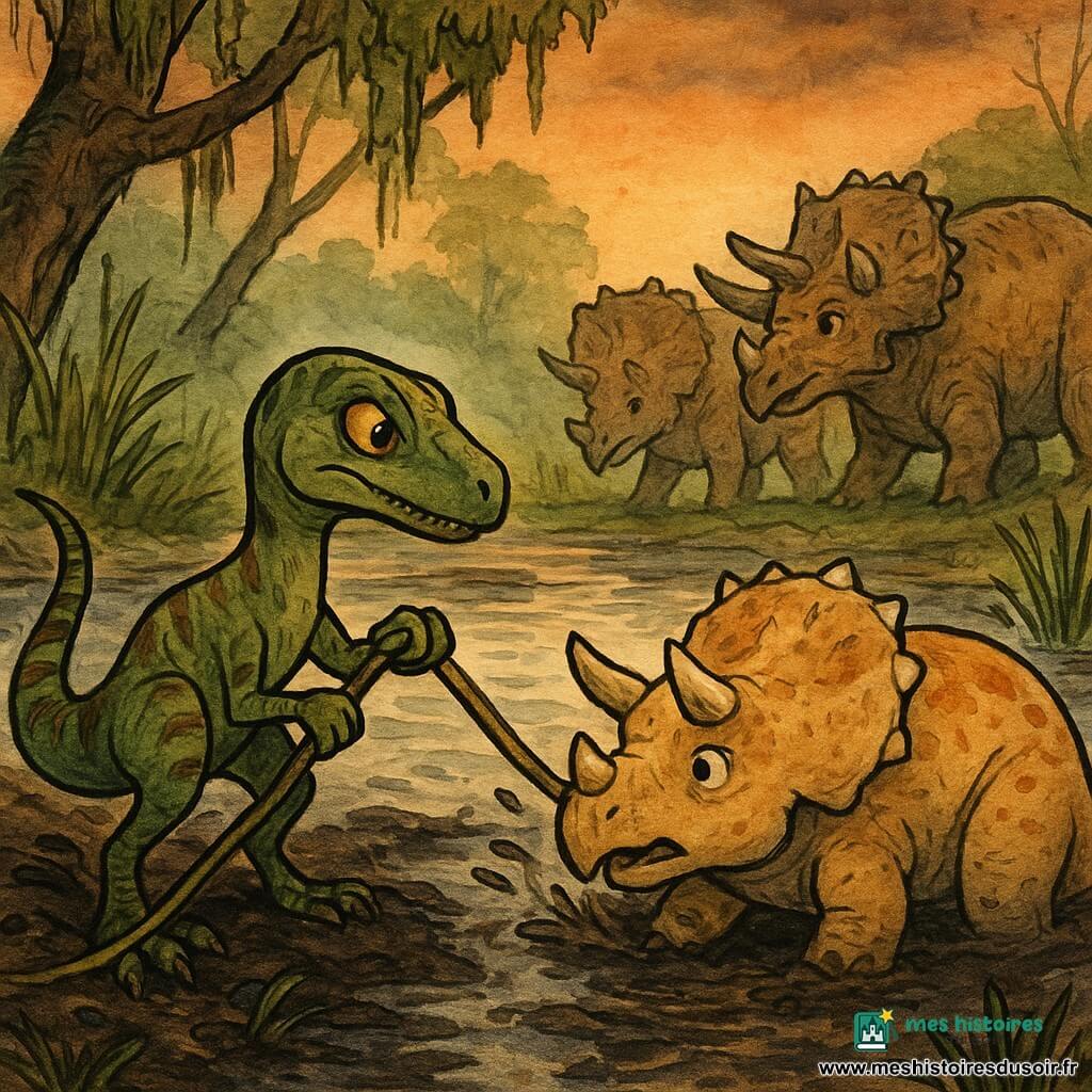 Raph, un petit vélociraptor élancé au pelage vert mousse rayé de brun-rouille et aux yeux ambre, est accroupi, déterminé et bienveillant, tirant une liane pour extraire d’un marais brumeux un tricératops juvénile massif et beige à moitié enlisé tandis que deux tricératops adultes, protecteurs et couverts de boue, attendent à l’arrière-plan parmi des roseaux, troncs moussus et eaux stagnantes reflétant un ciel orangé de fin de journée, la boue giclant sous une lumière de coucher de soleil qui crée des ombres dramatiques.