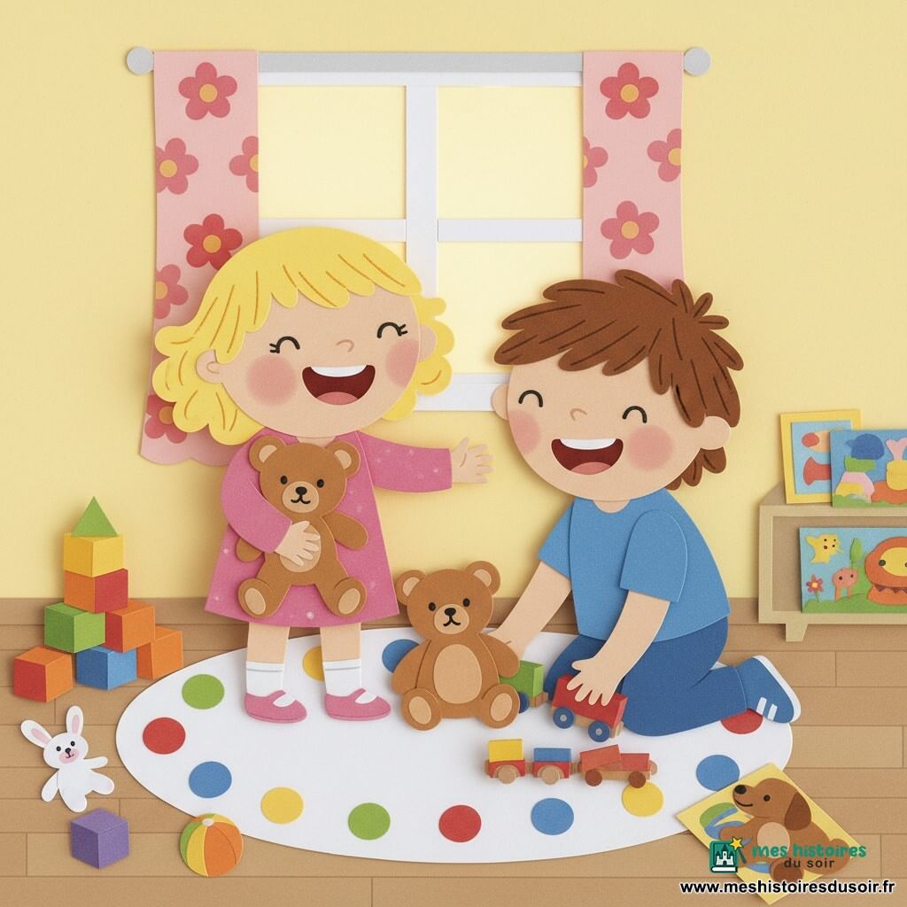 Lili, 2 ans, cheveux blonds bouclés, joue joyeuse avec un ourson en peluche caramel pendant que Max, ~4 ans, cheveux bruns, s'accroupit pour ramasser un petit train en bois rouge et bleu; la chambre d'enfant colorée, tapis à pois et murs jaune pâle baignés de lumière, est jonchée de jouets (cubes, balles, peluches, livres) tandis que les deux rient et rangent ensemble dans une ambiance chaleureuse.