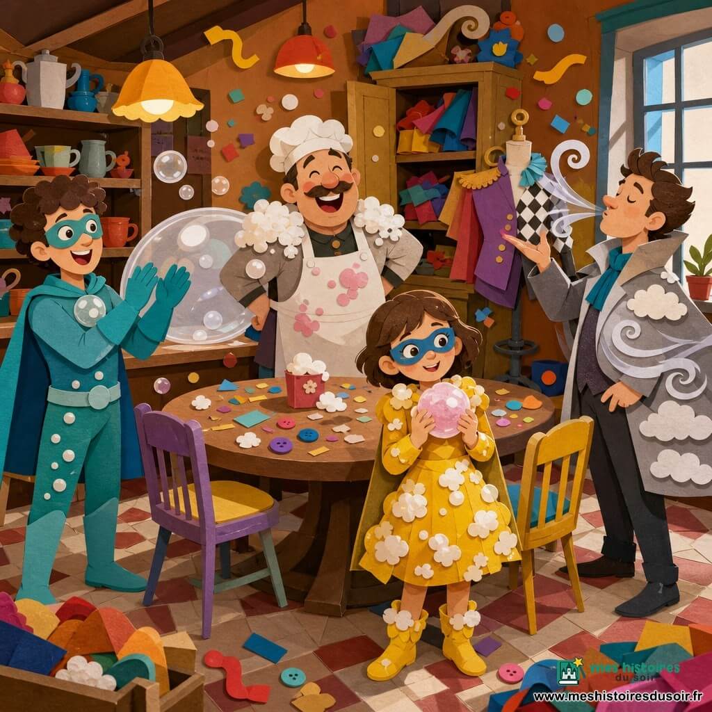 Éclairine, une fille souriante et timide aux yeux pétillants cachés sous un petit masque bleu et cheveux courts châtain, tient une bulle de mousse rose qu'elle vient de créer ; Monsieur Lardon, cuisinier jovial au tablier taché et épaules couvertes de mousse, rit près du comptoir ; Super-Bulle, jeune homme aux cheveux bouclés en costume turquoise, applaudit en créant une énorme bulle transparente ; Météo-Man, homme en manteau gris à motifs nuage, souffle une brise qui fait voler confettis et rubans ; le tout se déroule dans un petit café caché — table ronde en bois, chaises multicolores, étagères à tasses, armoire-atelier ouverte avec tissus colorés et mannequin, lumière chaude de lampes suspendues et carrelage ancien — lors d'une fête de costumes improvisée où la mousse a provoqué rires, tissus et boutons volants, ambiance joyeuse, mouvement et couleurs vives.