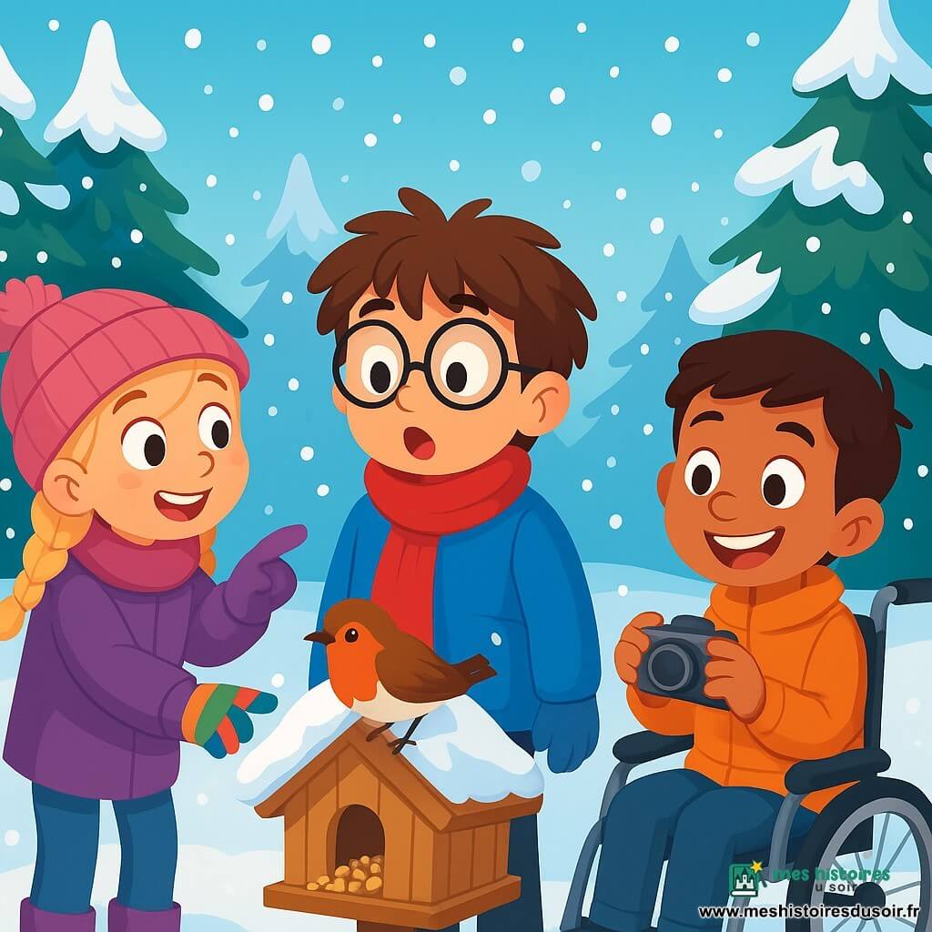 Il y a trois personnages : Léo, un garçon de 7 ans avec des cheveux bruns en bataille et des lunettes rondes, portant un manteau bleu vif et une écharpe rouge, se tient au centre, émerveillé par un rouge-gorge sur le rebord de la maisonnette. Salomé, une fille de 7 ans aux cheveux blonds tressés et un bonnet rose, sourit à gauche de Léo en pointant l'oiseau, tandis que Malik, également âgé de 7 ans, est à droite de Léo dans son fauteuil roulant, tenant un appareil photo. Ils se trouvent dans un jardin d’hiver paisible, recouvert de neige scintillante, avec une maisonnette en bois entourée de sapins. Les trois amis partagent un moment de joie en observant le rouge-gorge qui picore des graines.