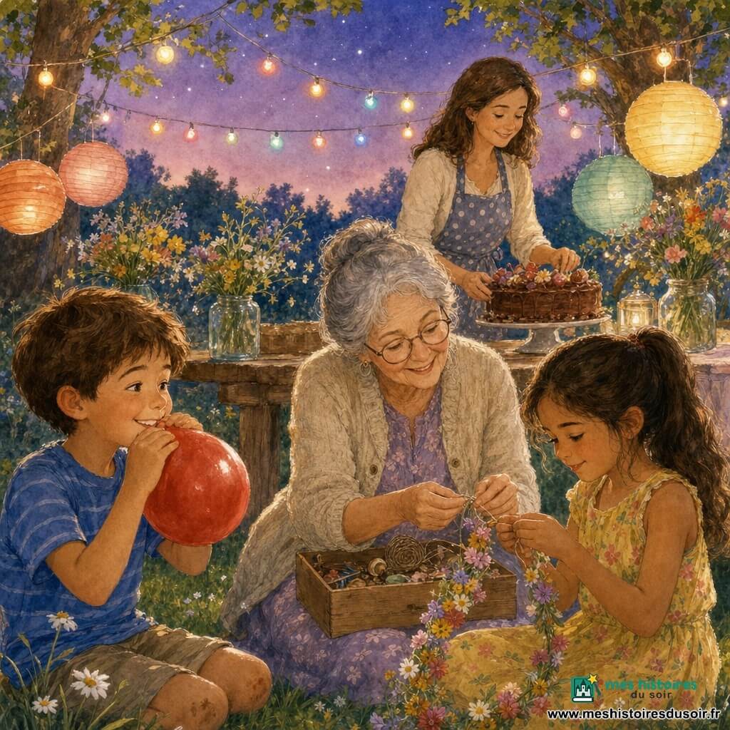 Quatre personnages : Lucas, garçon de 10 ans, cheveux châtain courts, t-shirt rayé bleu, à gauche en train de gonfler un ballon rouge en souriant ; Emma, fille de 10 ans, cheveux longs en queue, robe jaune à fleurs, à droite qui noue une guirlande de fleurs ; Mamie Jeanne, 68 ans, cheveux gris en chignon, lunettes rondes, veste en laine claire, au centre incliné vers les enfants montrant comment faire un nœud et tenant une petite boîte ; la maman, 38 ans, cheveux bruns lâchés, tablier à pois, en arrière-plan près d’une table en bois posant un grand gâteau au chocolat décoré. Lieu : jardin au crépuscule avec pelouse verte, table en bois rustique, guirlandes lumineuses multicolores et lanternes en papier suspendues, bouquets de fleurs sauvages en bocaux, ciel violet étoilé. Situation : la famille prépare une fête sous les guirlandes, gestes tendres, ballons et guirlandes, visages chaleureux et ambiance douce et festive.