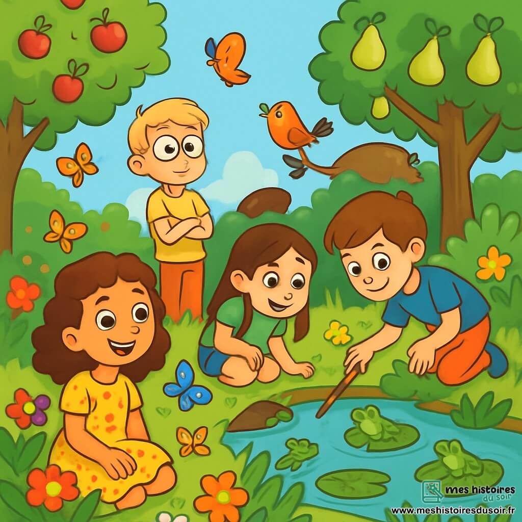 Quatre enfants explorent un jardin luxuriant : Emma, 9 ans, cheveux bruns et bouclés, sourit en observant des papillons ; Lucas, 10 ans, cheveux blonds et lunettes rondes, admire un oiseau ; Sarah, 8 ans, cheveux longs et lisses, est fascinée par des têtards près d'une mare ; Tom, 9 ans, cheveux châtains, observe des grenouilles. Le jardin est rempli de fleurs colorées, de plantes verdoyantes et de nénuphars, avec des arbres fruitiers en arrière-plan. Les enfants découvrent la beauté de la nature et l'importance de préserver l'écologie.