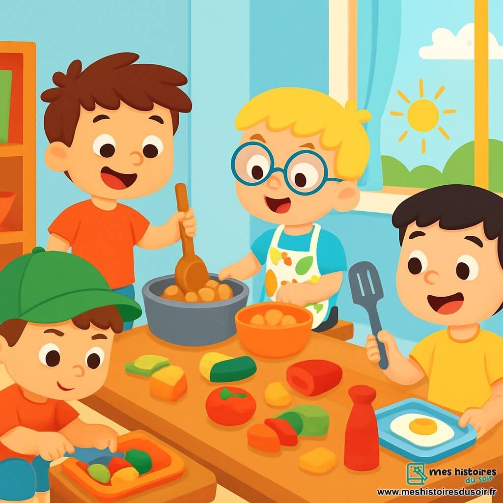 Quatre enfants cuisinent ensemble dans une cuisine d'école colorée. Max, 4 ans, avec des cheveux bruns, porte un t-shirt rouge et tient une casserole. Leo, également 4 ans, a des cheveux blonds et des lunettes rondes, il verse des morceaux de bois dans un plat. Tom, avec des cheveux châtains et une casquette verte, coupe des légumes en plastique. Hugo, avec des cheveux noirs et des taches de rousseur, sourit en tenant une spatule. La pièce est lumineuse, avec des murs bleu clair et des étagères de livres de cuisine. Ils s'amusent à préparer des plats pour la Fête des Talents, illustrant l'égalité des genres et la joie de partager des activités.