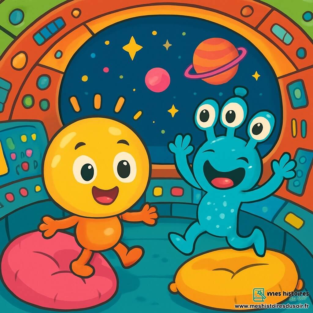 Pipo, une petite lampe ronde et lumineuse, flotte dans un vaisseau spatial tout rond, ses yeux brillants d'excitation et son sourire éclatant. Il est entouré de coussins moelleux aux couleurs vives. À ses côtés, Ziziou, un petit extraterrestre bleu avec trois yeux pétillants, danse avec un grand sourire de curiosité. Le vaisseau est rempli de lumières clignotantes et de gadgets étranges, et à travers les fenêtres, on aperçoit des étoiles et des planètes colorées. Pipo et Ziziou découvrent ensemble les merveilles de l'espace, prêts à explorer des mondes inconnus.