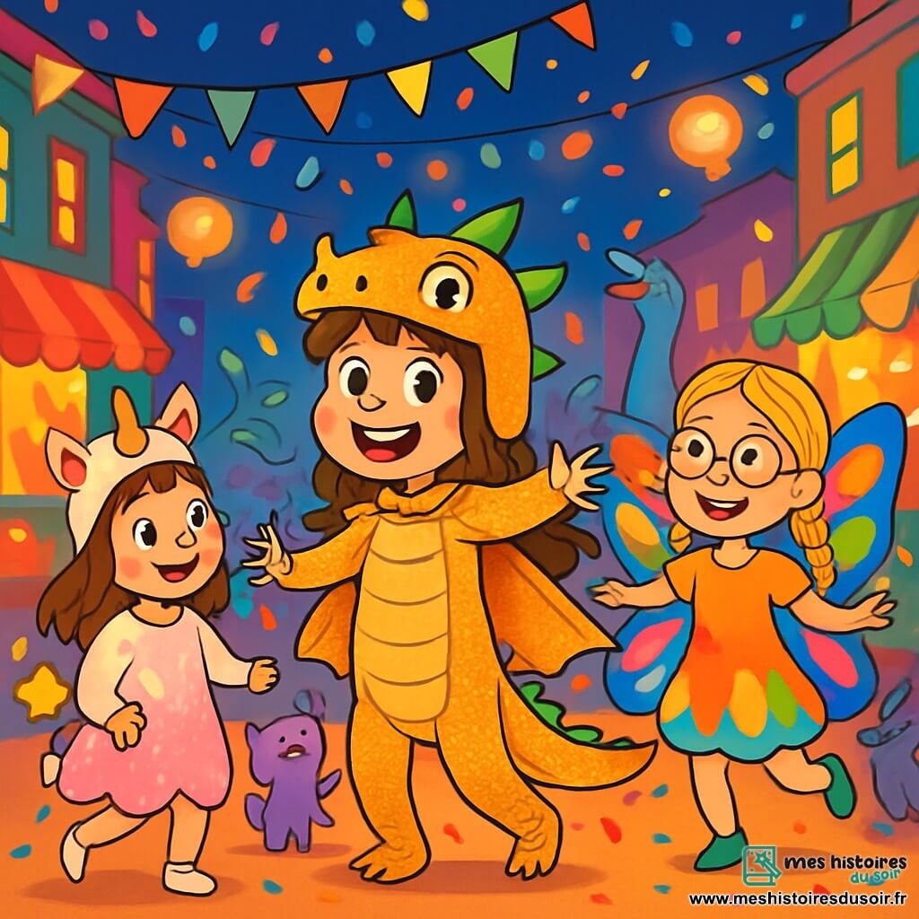 Trois personnages sont présents : Léa, une fille de 10 ans aux longs cheveux bruns, portant un costume de dragon scintillant, se tient au centre, les bras ouverts. Nina, également âgée de 10 ans, a des cheveux blonds en tresses et des lunettes rondes, vêtue d'une robe de papillon colorée, sourit et danse légèrement en arrière. Zoé, avec des cheveux châtains et des taches de rousseur, porte un costume de licorne et dessine des étoiles dans l'air avec sa baguette magique. L'action se déroule dans une rue animée d'une petite ville, décorée de guirlandes et de lanternes, où des confettis volent et des stands de gourmandises colorées sont visibles. Les trois amies dansent joyeusement au carnaval, entourées de créatures magiques, créant une ambiance festive et enchantée.