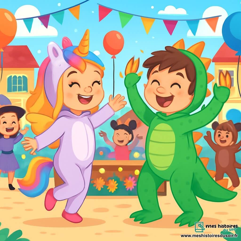 Léa, une fille de 6 ans aux longs cheveux blonds et aux yeux pétillants, porte un costume de licorne scintillant et danse joyeusement. Tom, un garçon de 6 ans avec des cheveux bruns en bataille, est déguisé en dragon et lève les bras en l'air avec enthousiasme à ses côtés. Ils se trouvent sur une grande place du village décorée de guirlandes et de ballons, entourés d'enfants en costumes variés dansant autour d'une scène en bois. Léa et Tom, rayonnants de joie, dansent ensemble au milieu du défilé du carnaval sous un ciel bleu éclatant.